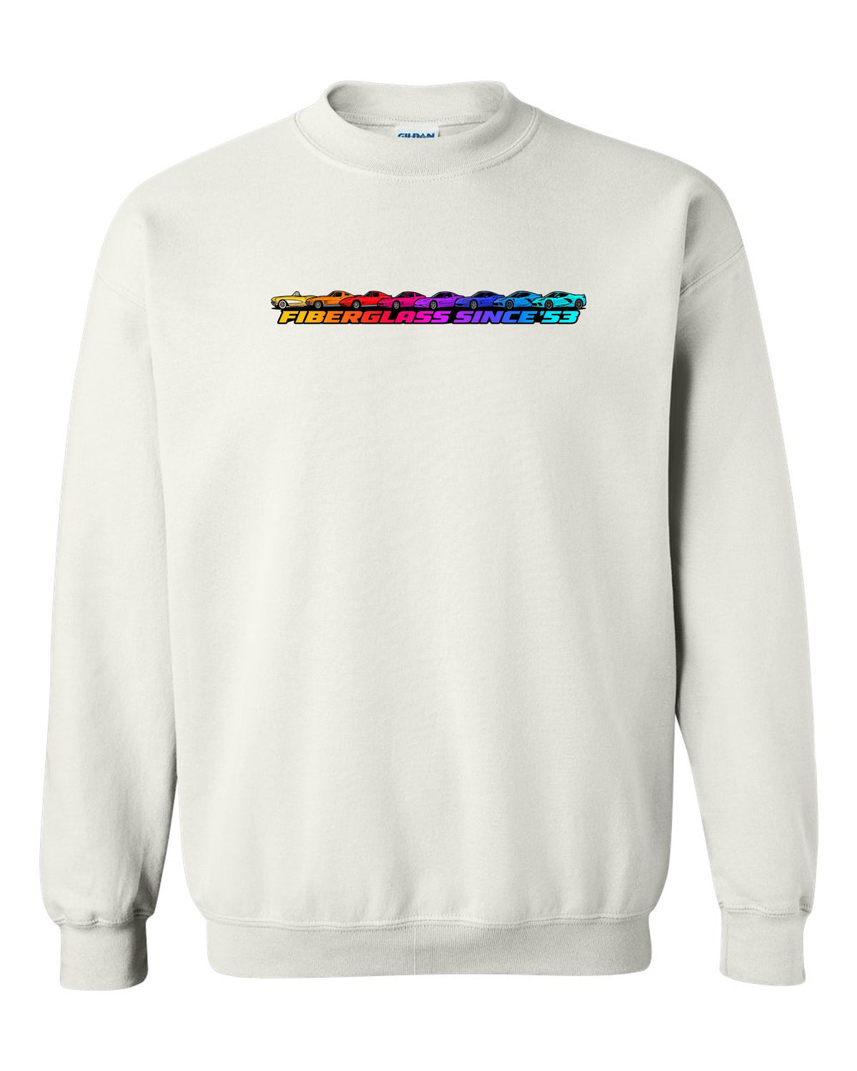 Flat gradient silhouette lineup of eight Chevrolet Corvette generations C1 to C8 with Fiberglass Since '53 text white crewneck front view with the design