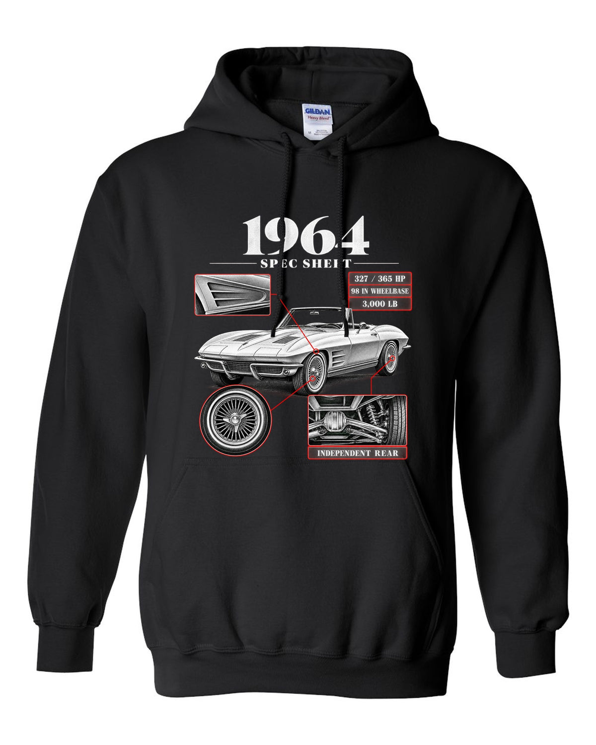 Chevrolet Corvette C2 Sting Ray 1964 convertible spec sheet print black pull over hoodie front view with the design