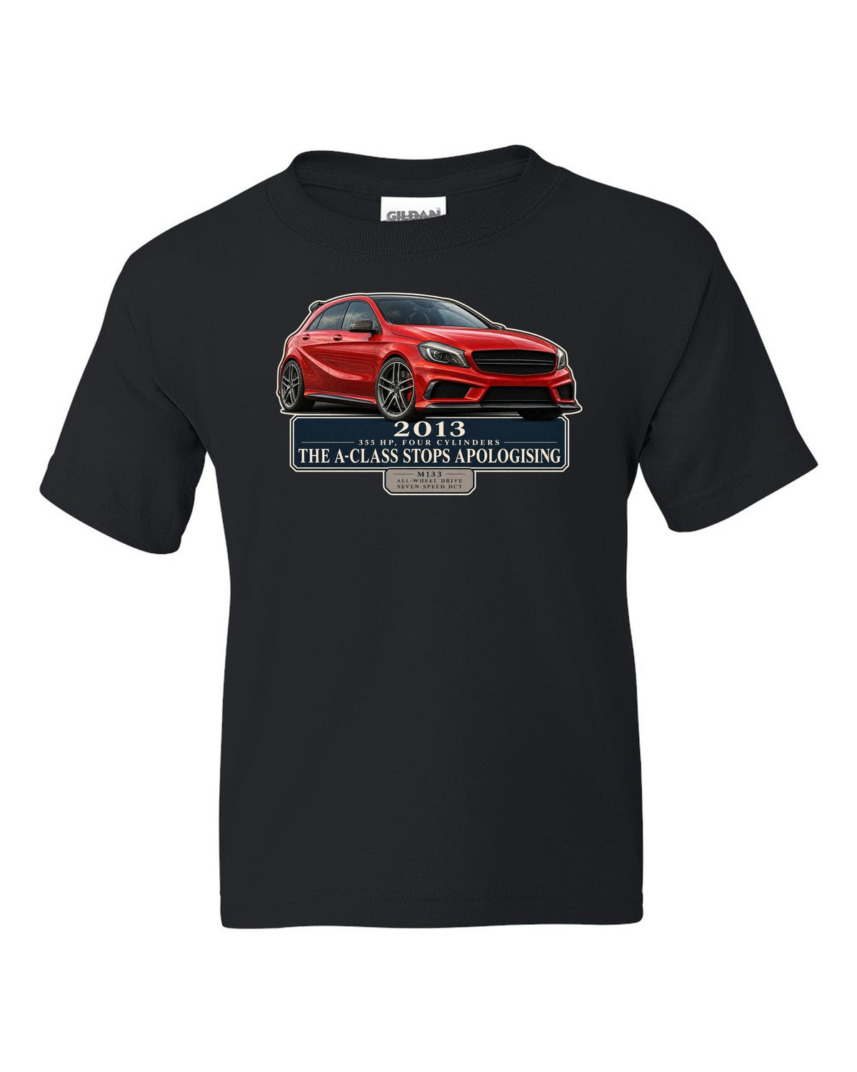 Mercedes-AMG A45 W176 chback editorial headline print black kids tee front view with the design