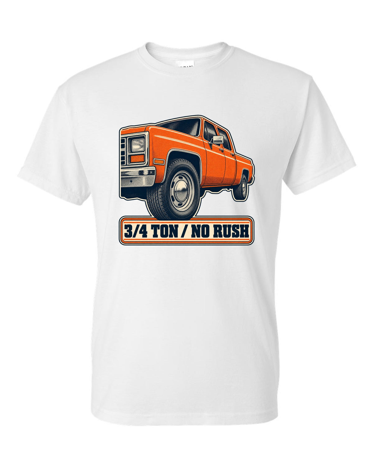 Retro halftone print of a steel wheel close-up on a 1973-87 Chevrolet C20 Squarebody with 3/4 ton lettering white t-shirt front view with the design