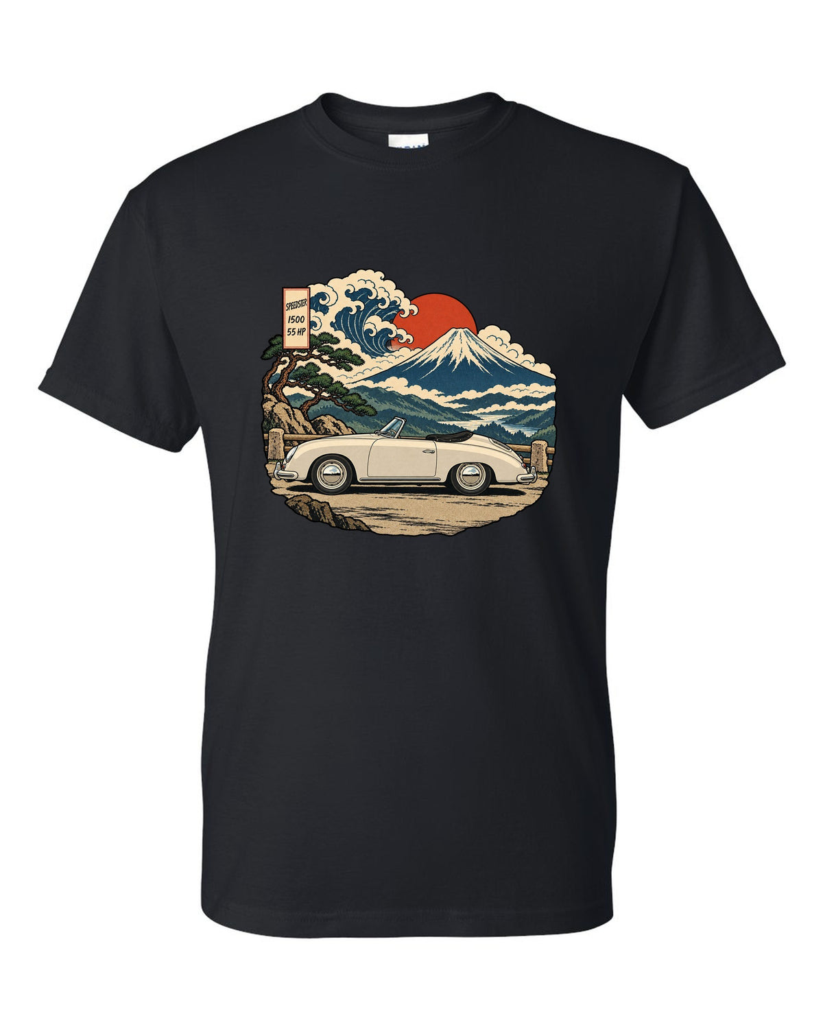 Ukiyo-e woodblock style Porsche 356 Pre-A Speedster on a mountain pass black t-shirt front view with the design