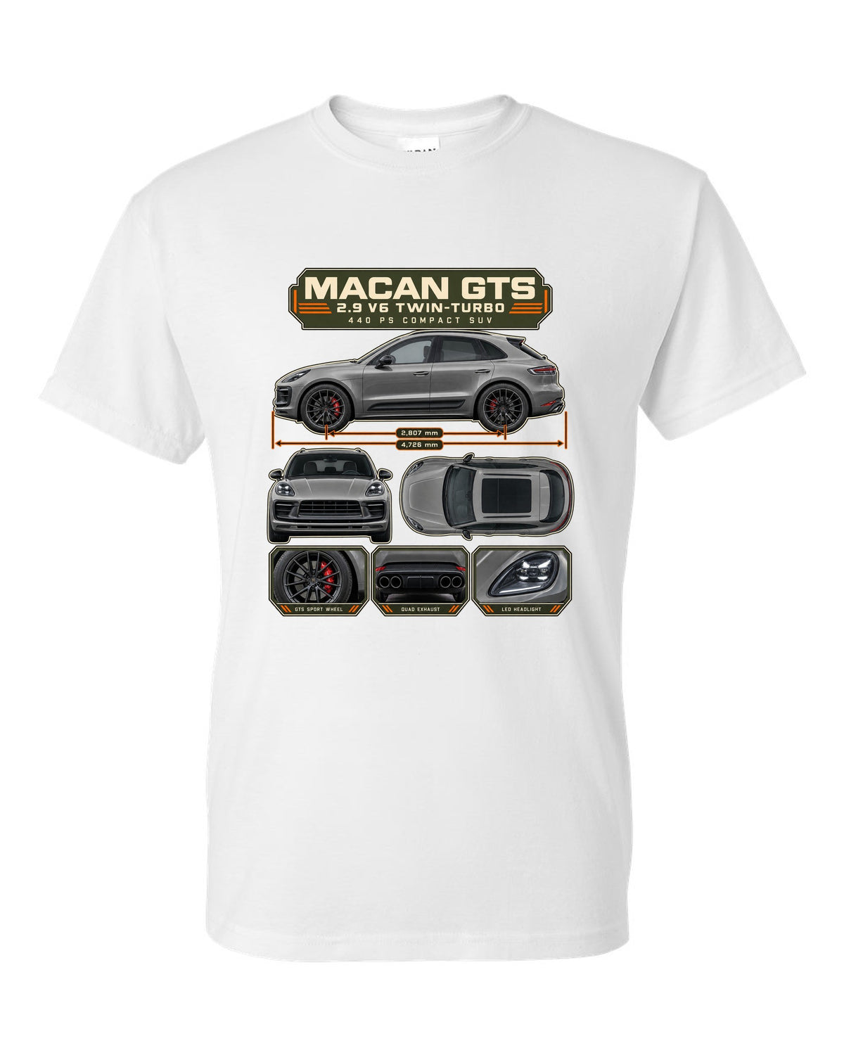 Porsche Macan GTS 95B Dossier Tee, 2.9 V6 Twin-Turbo white t-shirt front view with the design