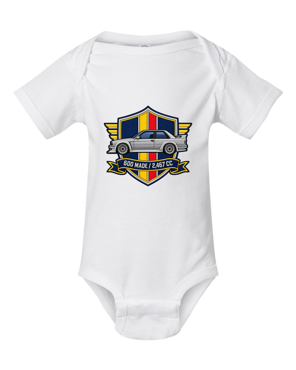 Varsity crest style print of a BMW E30 M3 Sport Evo with 600 made and 2,467 cc text white baby onesie front view with the design
