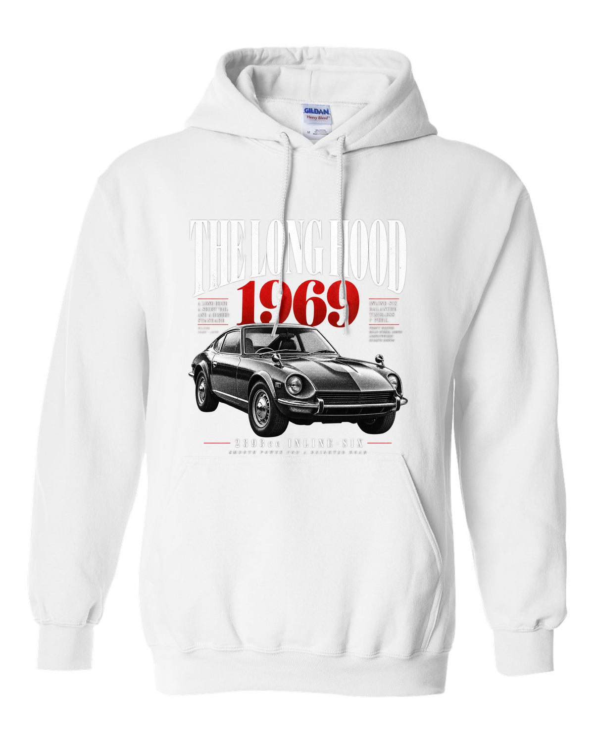 print of a Datsun 240Z HLS30 with editorial headline about the long hood and 2393cc inline-six white pull over hoodie front view with the design