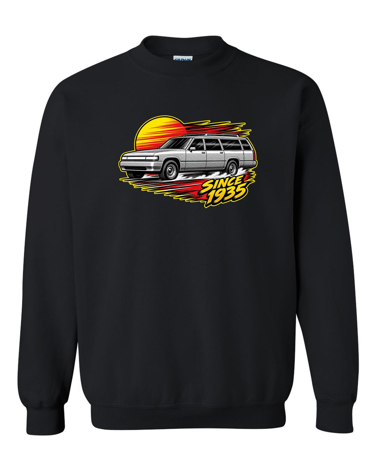 Retro manga halftone panel print of a 1992-1999 Chevrolet Suburban GMT400 with Since 1935 text black crewneck front view with the design