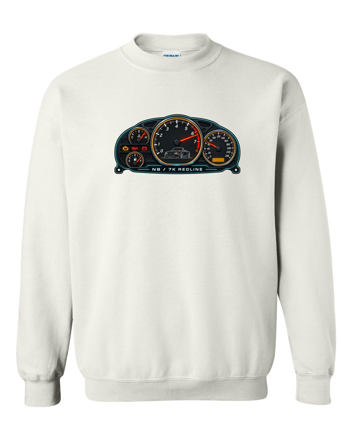 Retro Japanese Showa catalogue spread of a Mazda MX-5 NA with wheels and soft top text white crewneck front view with the design