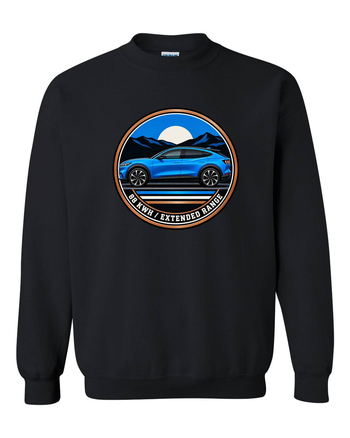 Gauge-cluster HUD print of a 2020 Mustang Mach-E CX727 showing One Gear 3.5 Sec black crewneck front view with the design
