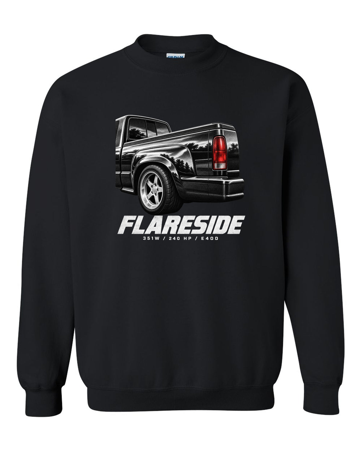 Ford F-150 SVT Lightning 1993-95 flareside taillight macro print with 351W and 240 HP black crewneck front view with the design