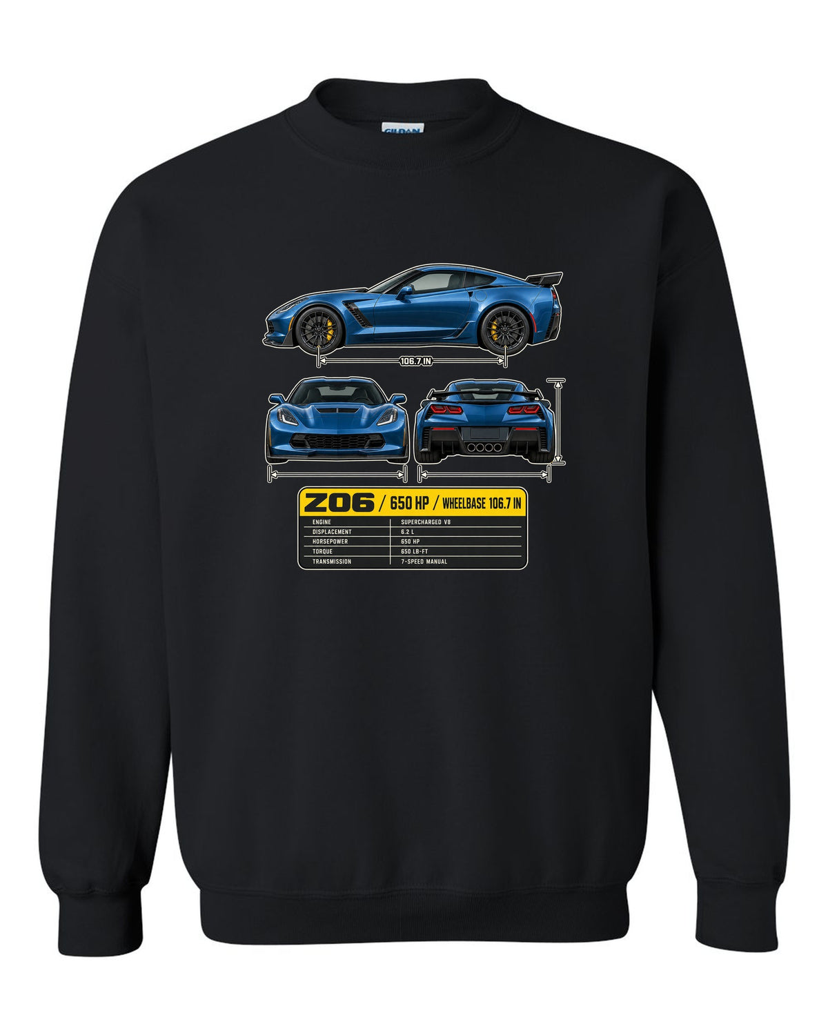 print of a Chevrolet Corvette C7 Z06 three-view drawing with a spec table black crewneck front view with the design