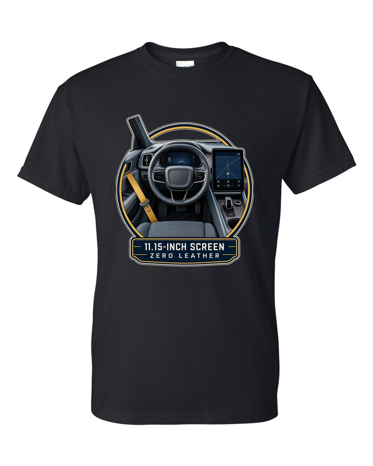 Polestar 2 cockpit with large centre screen, print design black t-shirt front view with the design