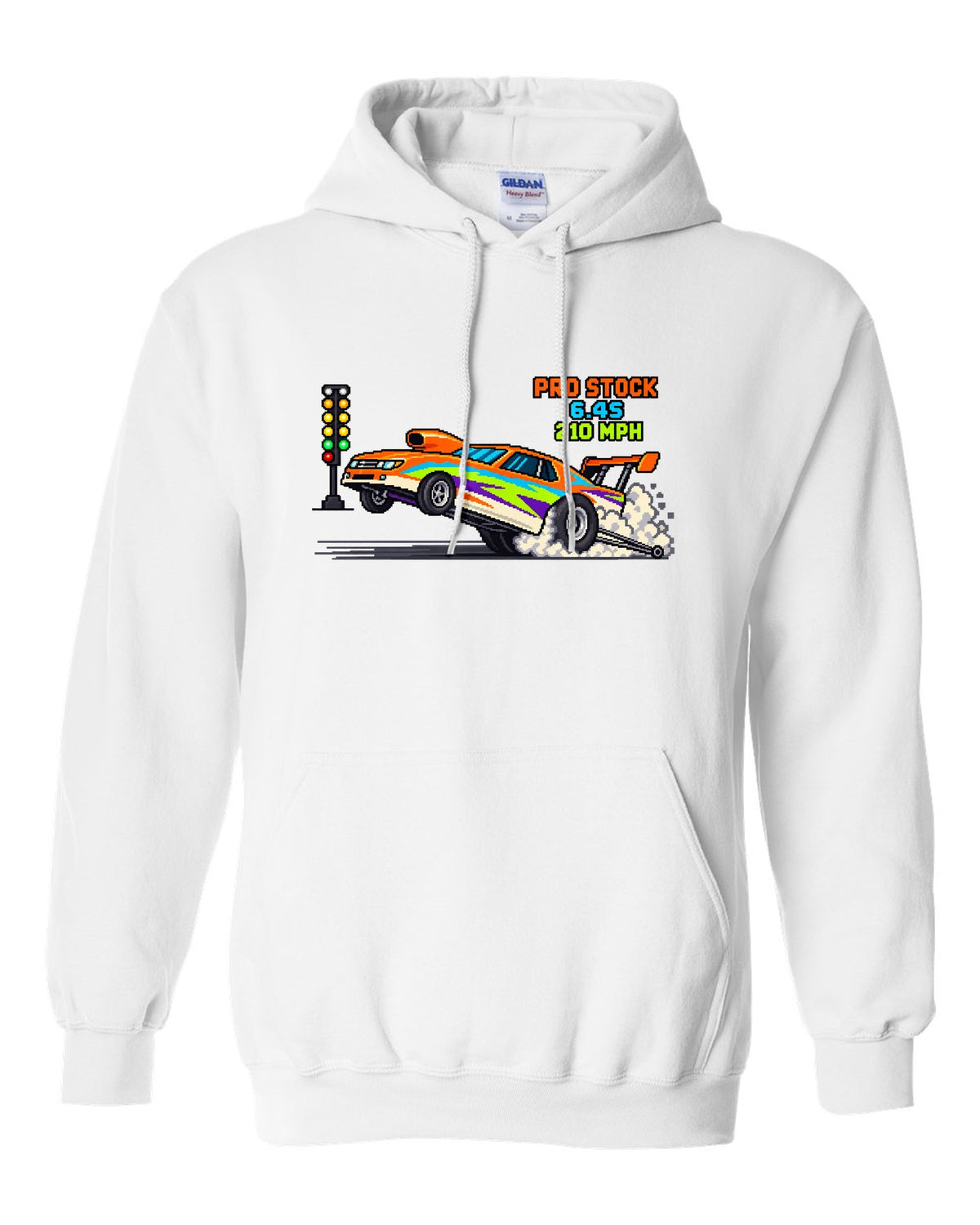 8-bit pixel art Pro Stock drag car launching with 6.4S 210 MPH lettering white pull over hoodie front view with the design