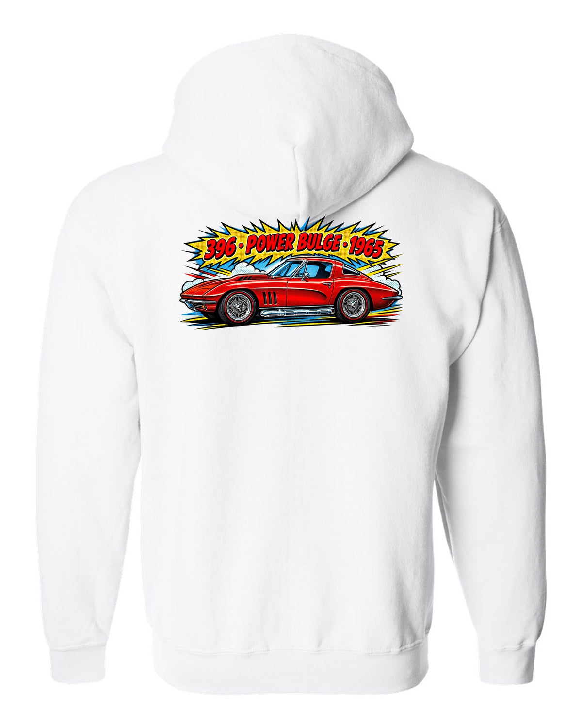 1965 Corvette C2 Sting Ray Side Pipe Comic white zip hoodie back view with the design