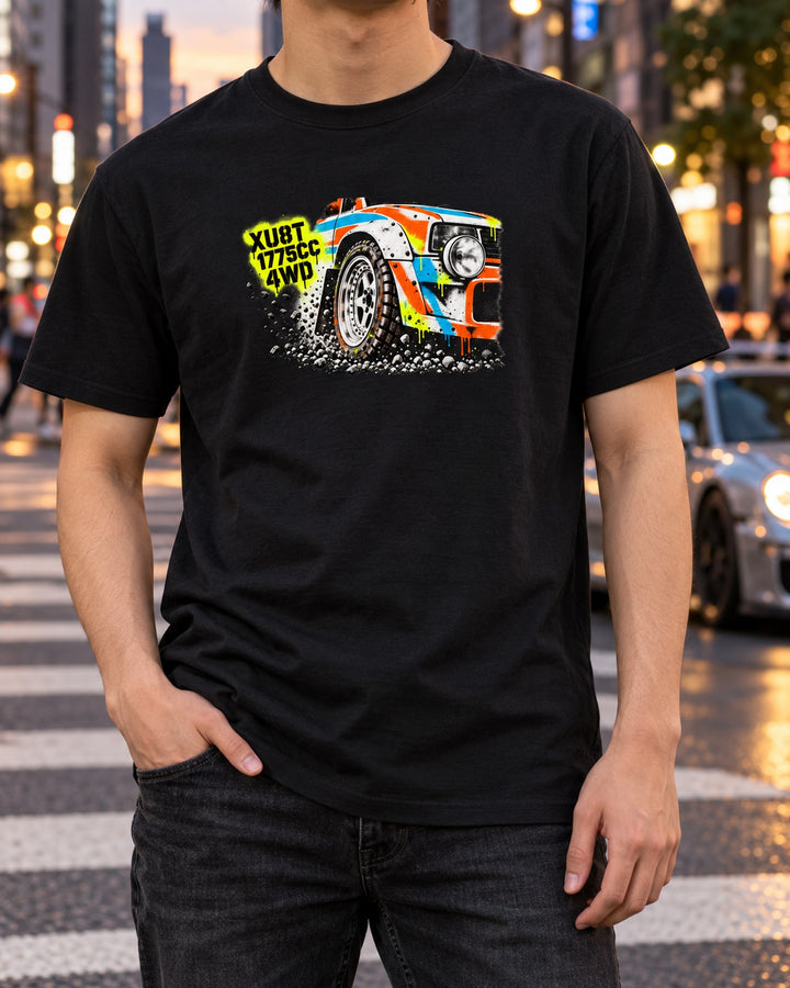 Peugeot 205 T16 Gravel Wheel Stencil Street Art Tee T-Shirt Black worn hero