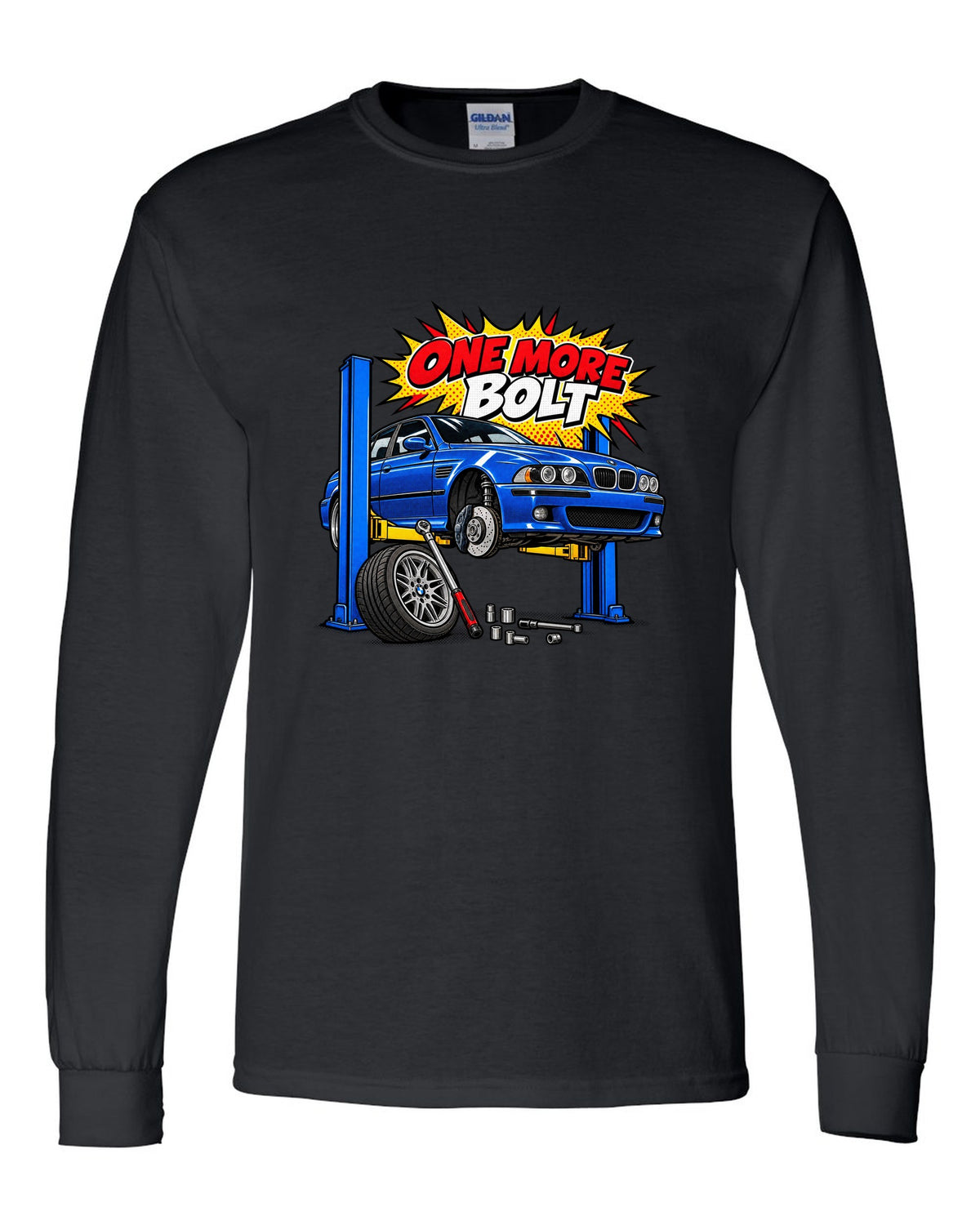 Ukiyo-e woodblock wave print of a BMW M5 E39 with S62 4.9 V8 text black long sleeve front view with the design