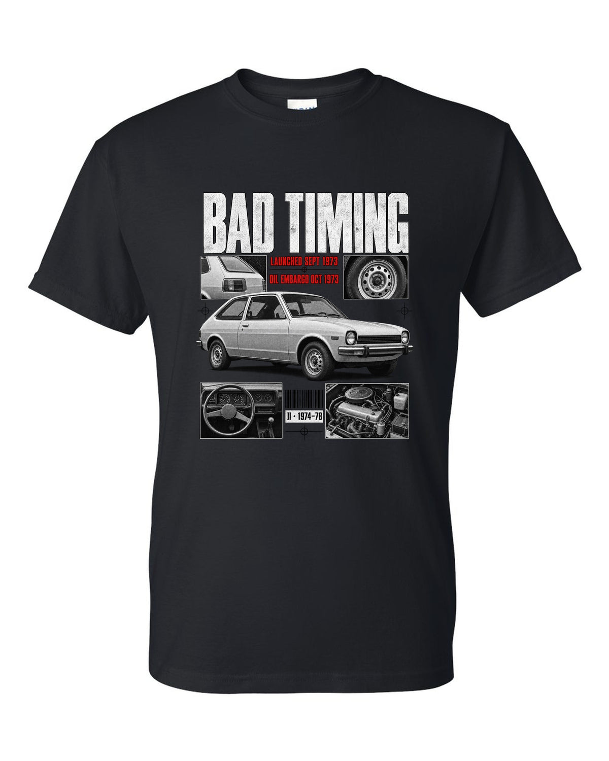 Dossier panel illustration of a 1974 Ford Mustang II chback with bad timing lettering black t-shirt front view with the design