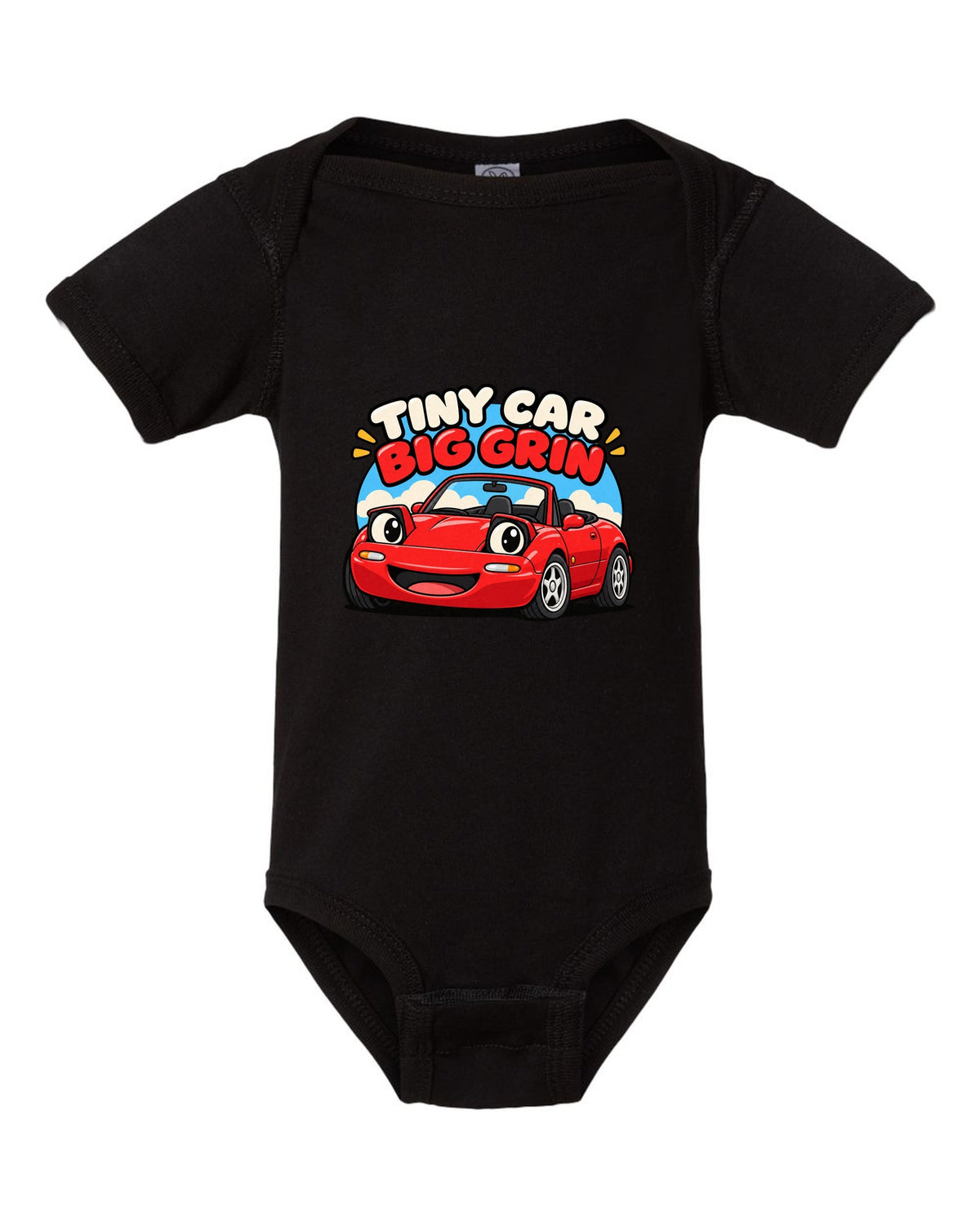 Topographic contour map of a touge road with a Mazda MX-5 ND route black baby onesie front view with the design