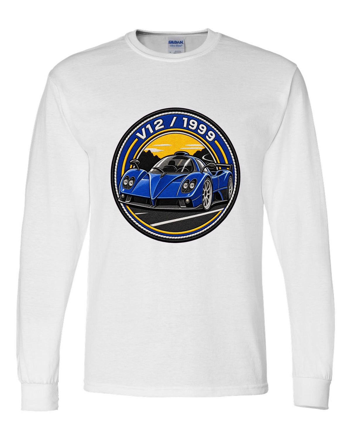 Varsity embroidery-style print for the 1999 Pagani Zonda C12 with V12 and 1999 lettering white long sleeve front view with the design