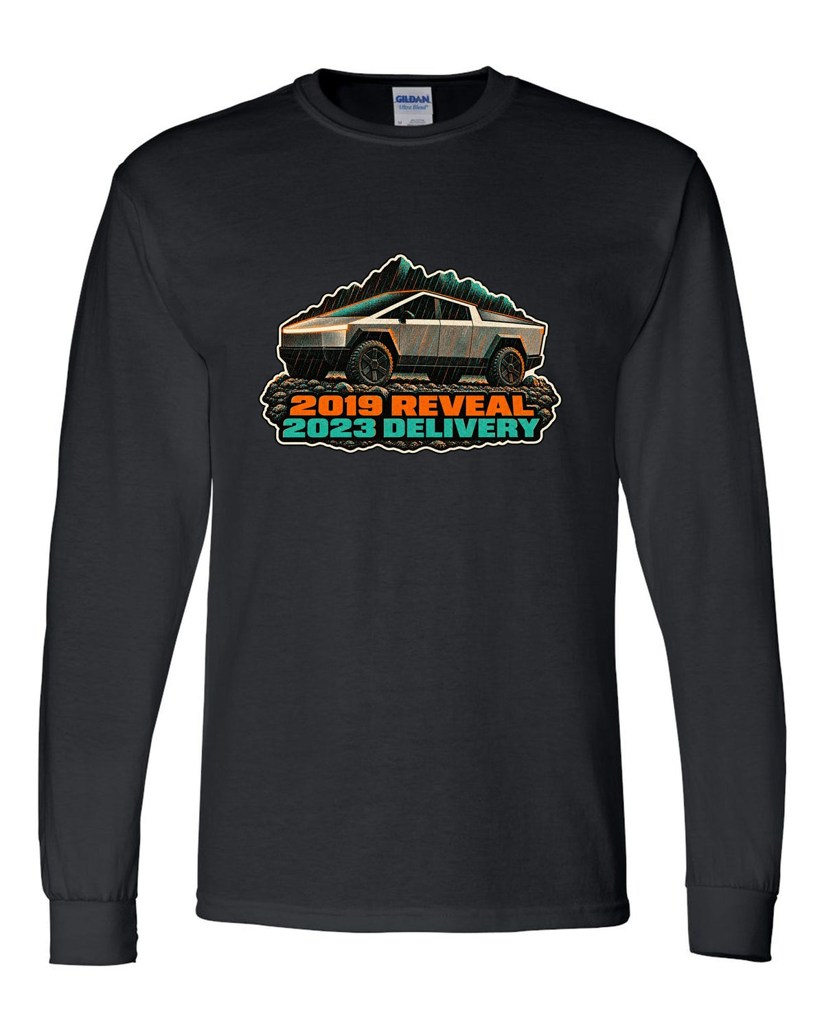 Risograph two-colour print of a 2023 Tesla Cybertruck in gravel and rain with 2019 Reveal 2023 Delivery lettering black long sleeve front view with the design