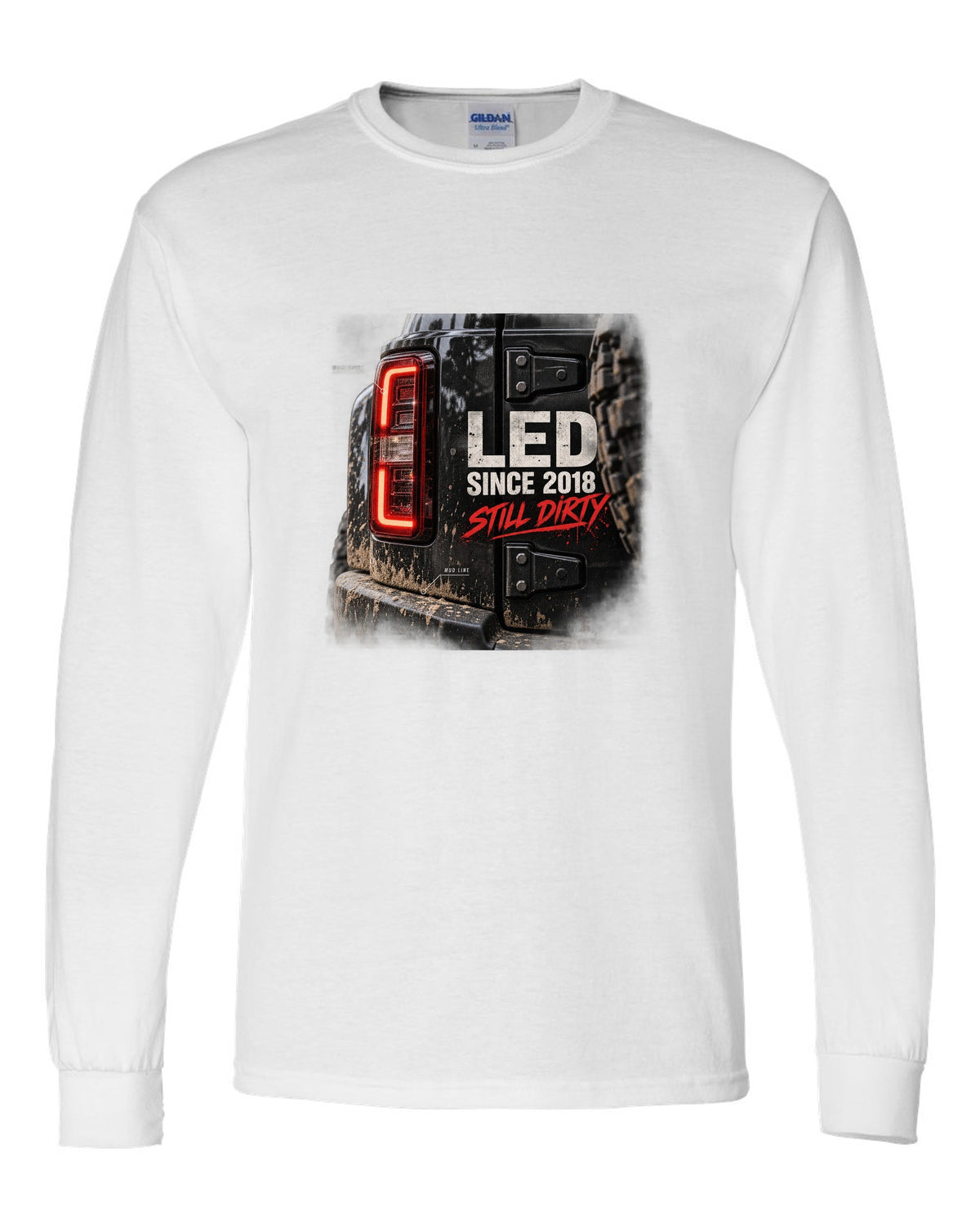 Jeep Wrangler JL LED taillight macro with mud line print white long sleeve front view with the design