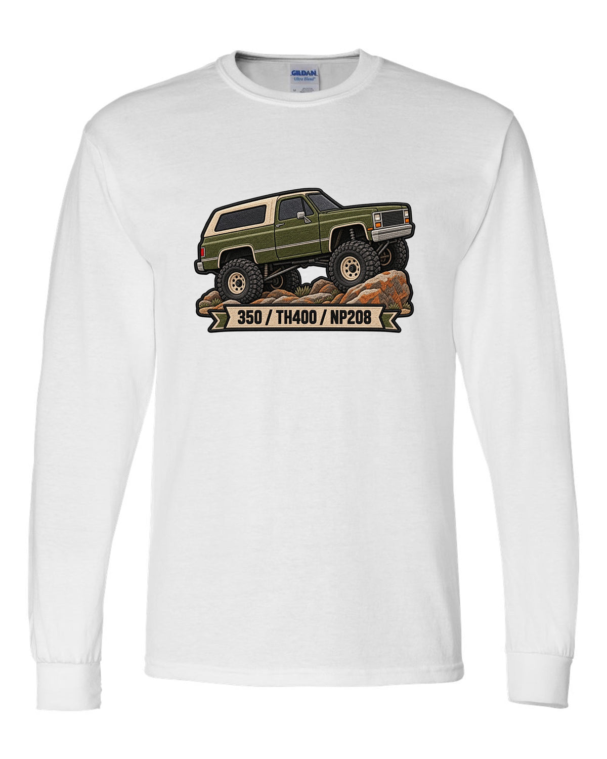 Embroidered patch style design of a 1973-91 Chevrolet K5 Blazer with 350, TH400, NP208 text white long sleeve front view with the design