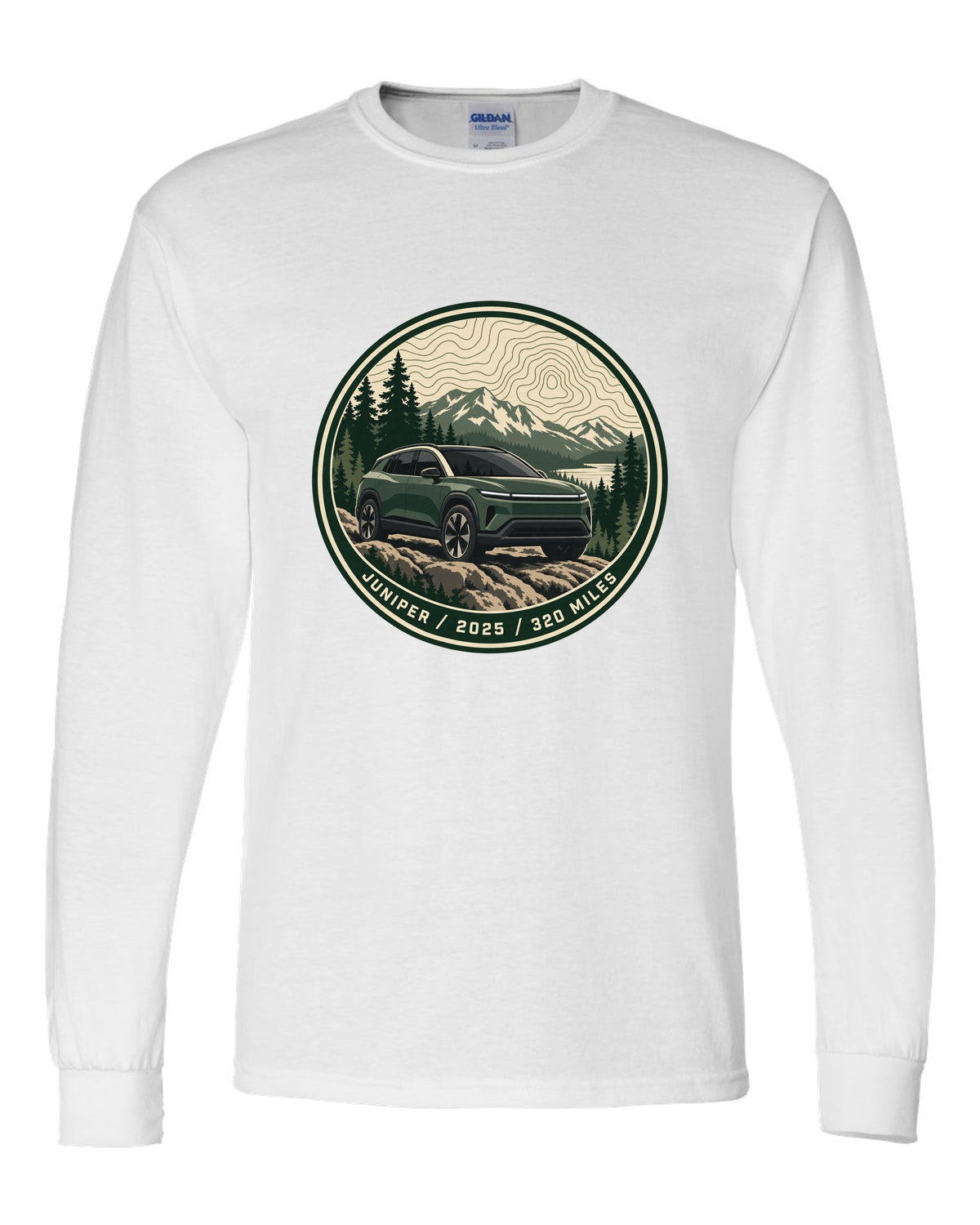 Topographic contour map trail badge print for a Tesla Model Y Juniper reading Juniper 2025 320 Miles white long sleeve front view with the design
