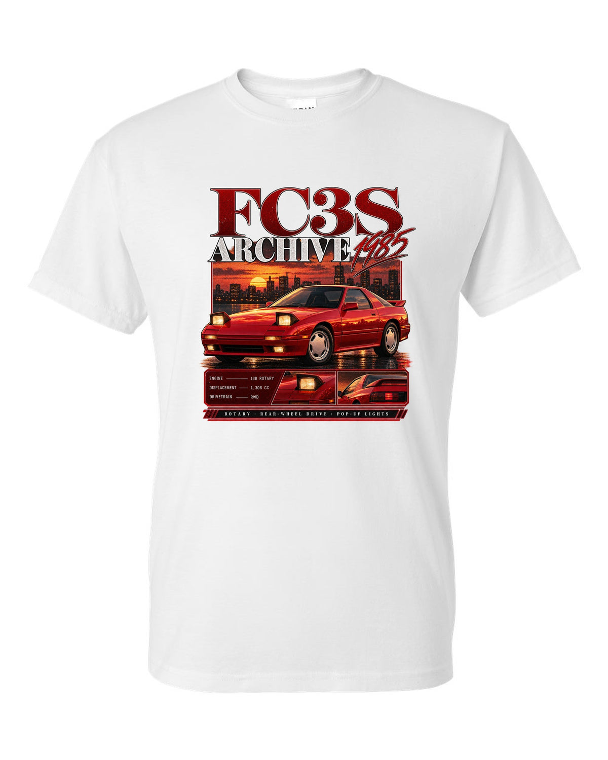 Archive panel print of a Mazda RX-7 FC3S with 13B rotary specs white t-shirt front view with the design