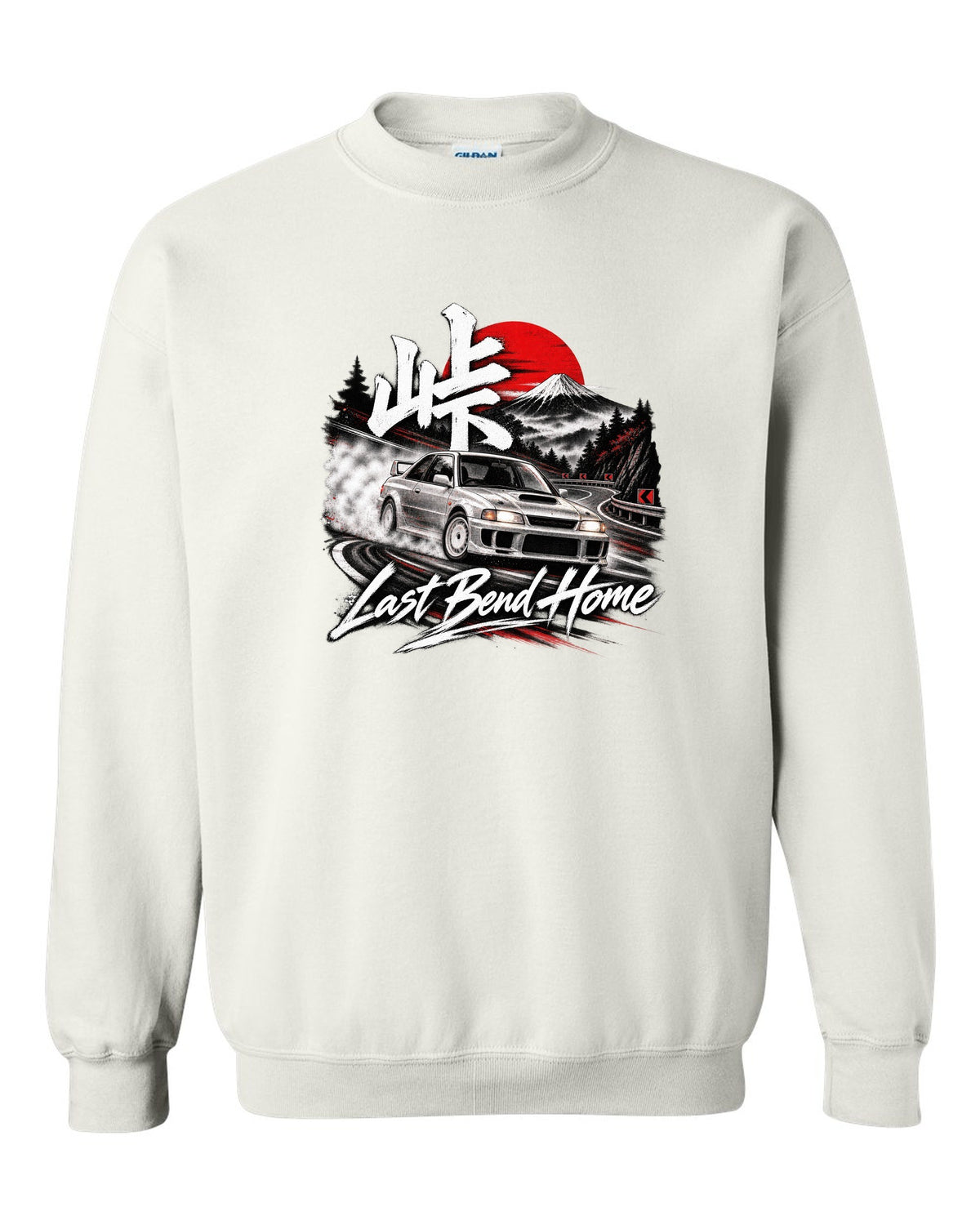 Subaru Impreza WRX GC8 coupe at a night touge bend with Last Bend Home text white crewneck front view with the design