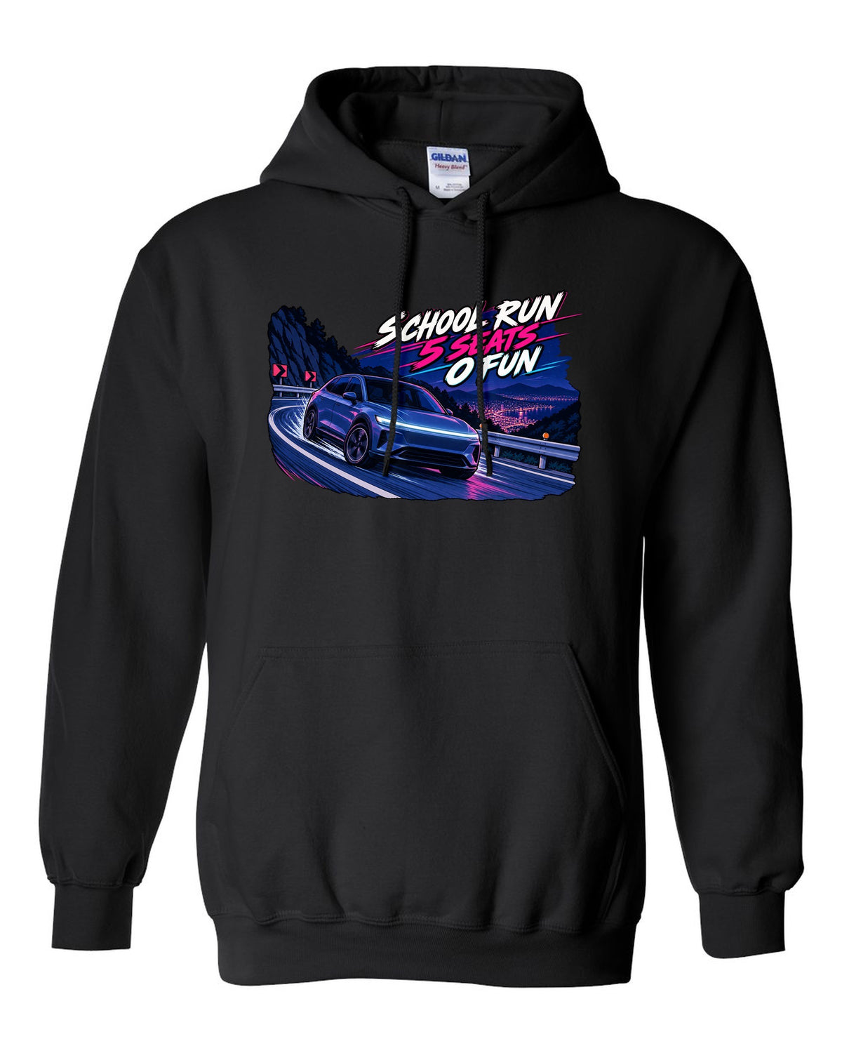 Cel-shaded 90s anime night touge print of a Tesla Model Y Juniper reading School Run 5 Seats 0 Fun black pull over hoodie front view with the design