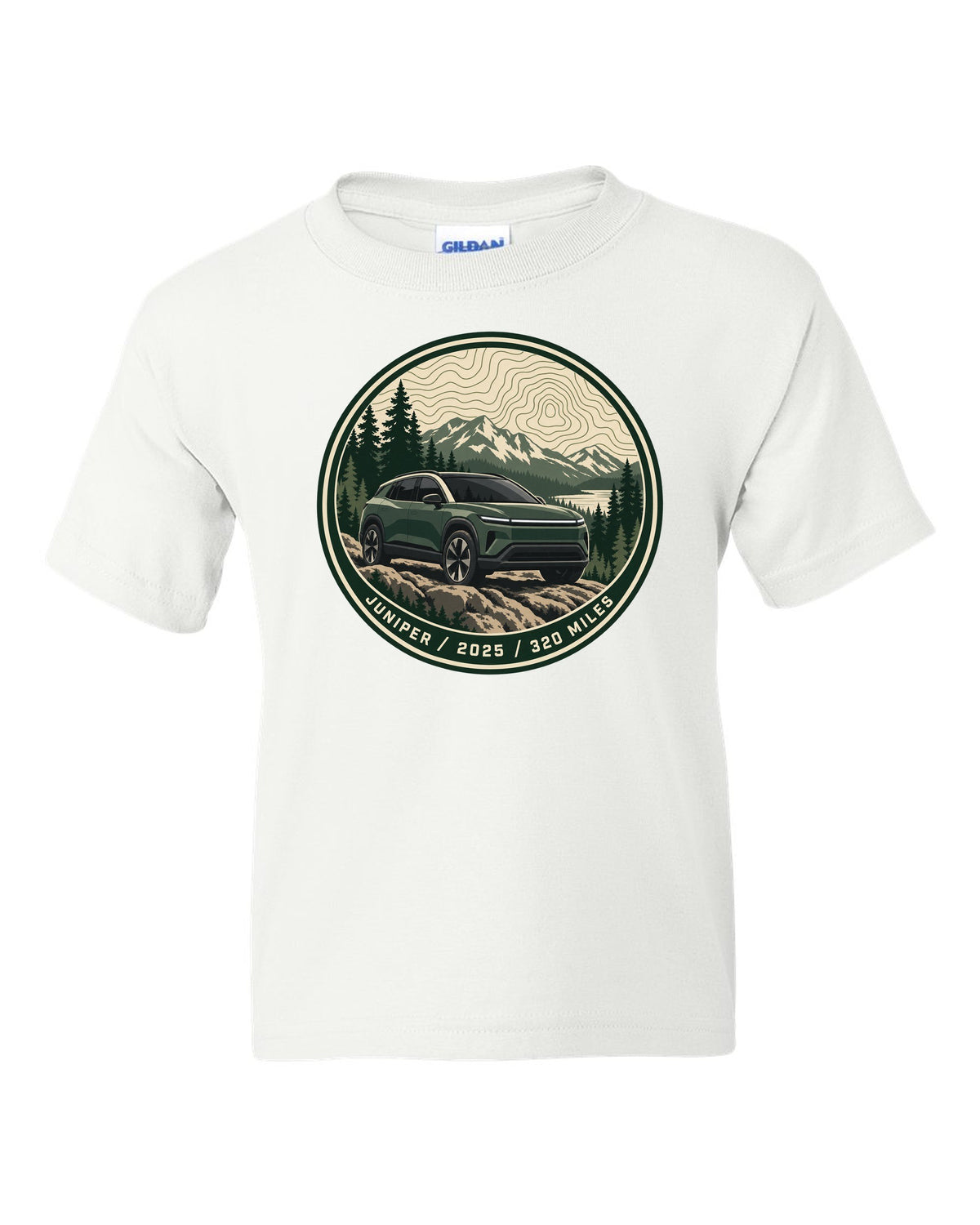 Topographic contour map trail badge print for a Tesla Model Y Juniper reading Juniper 2025 320 Miles white kids tee front view with the design