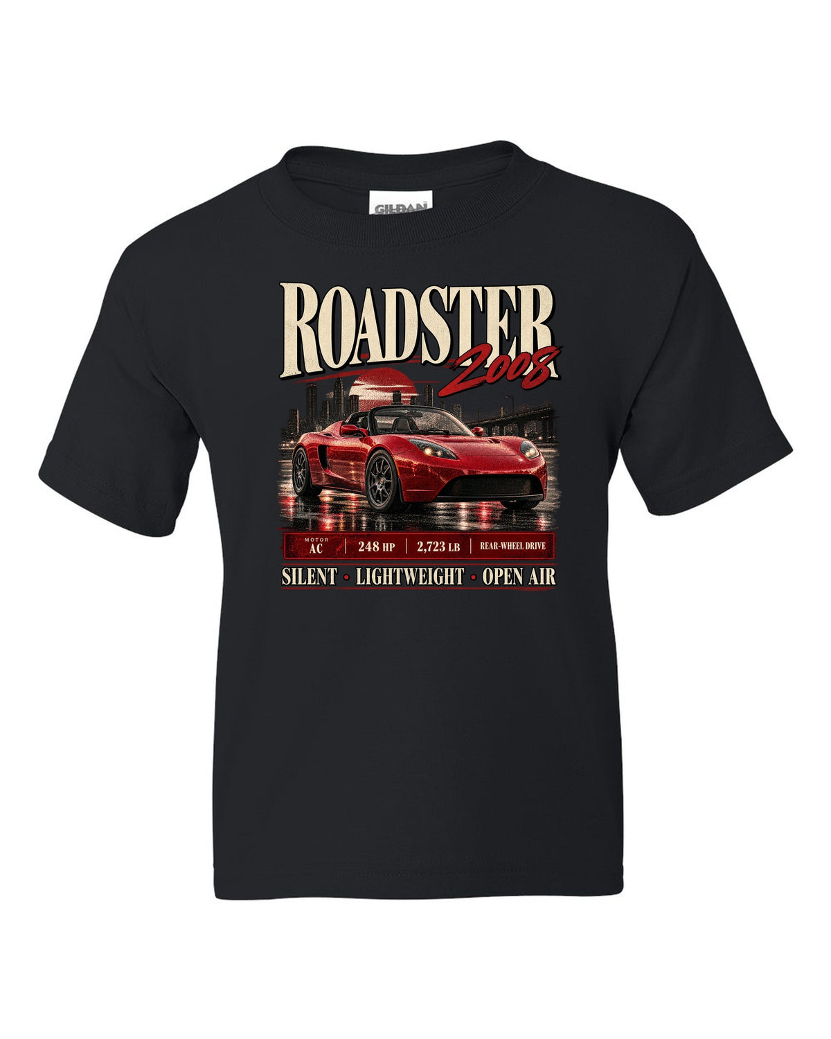 Tesla Roadster Gen 1 2008 archive panel with AC motor, 248 HP, 2,723 lb and rear-wheel drive black kids tee front view with the design
