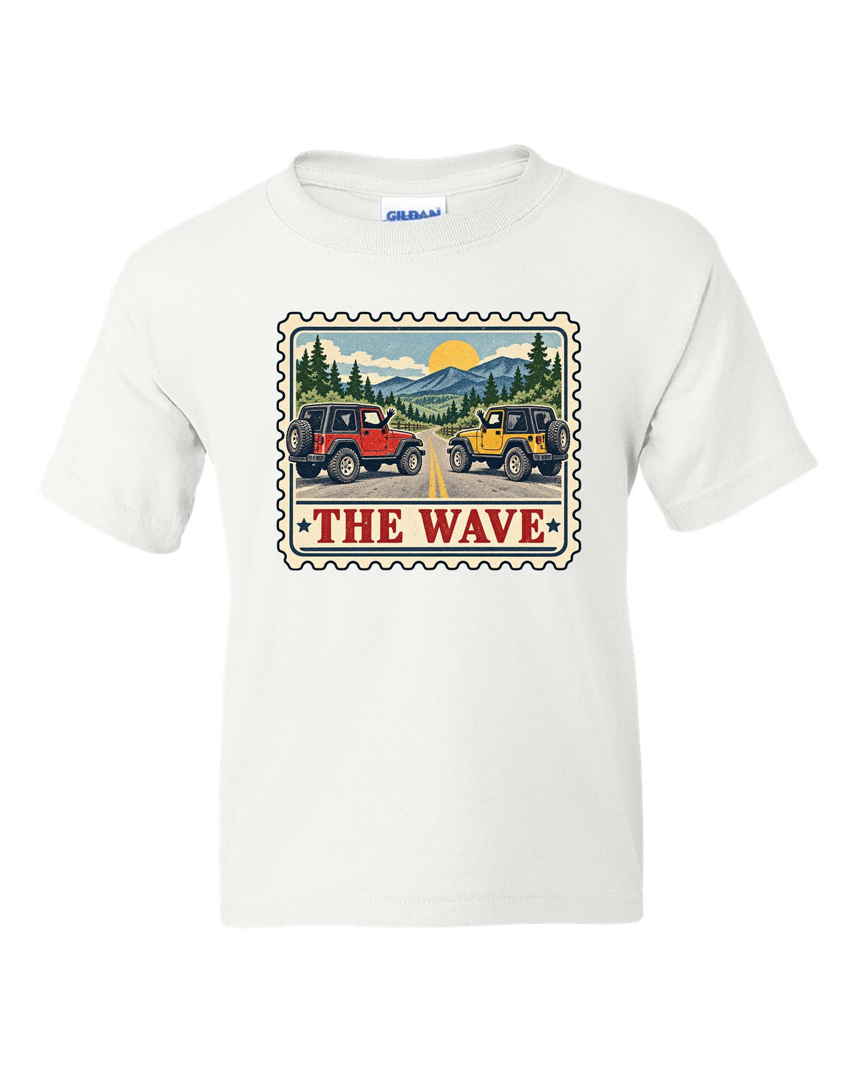 Vintage postage stamp print of a Jeep Wrangler TJ with the words The Wave white kids tee front view with the design