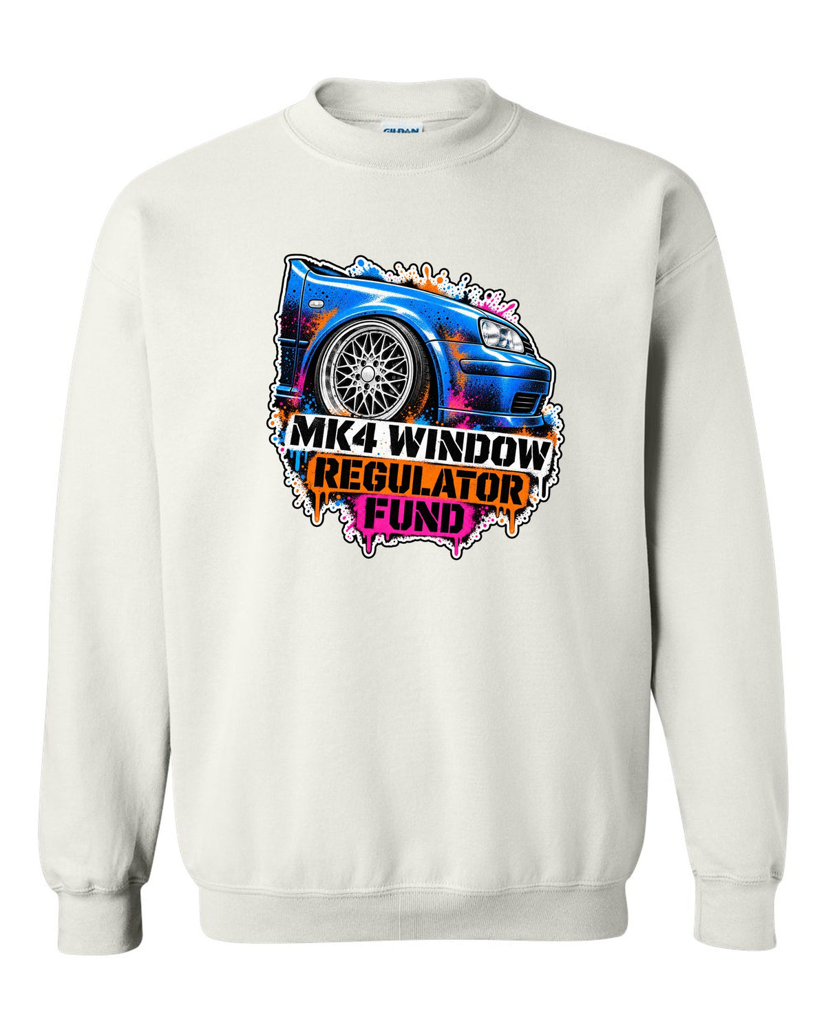 Stencil spray print of a VW Golf Mk4 with mesh wheels and window regulator fund text white crewneck front view with the design