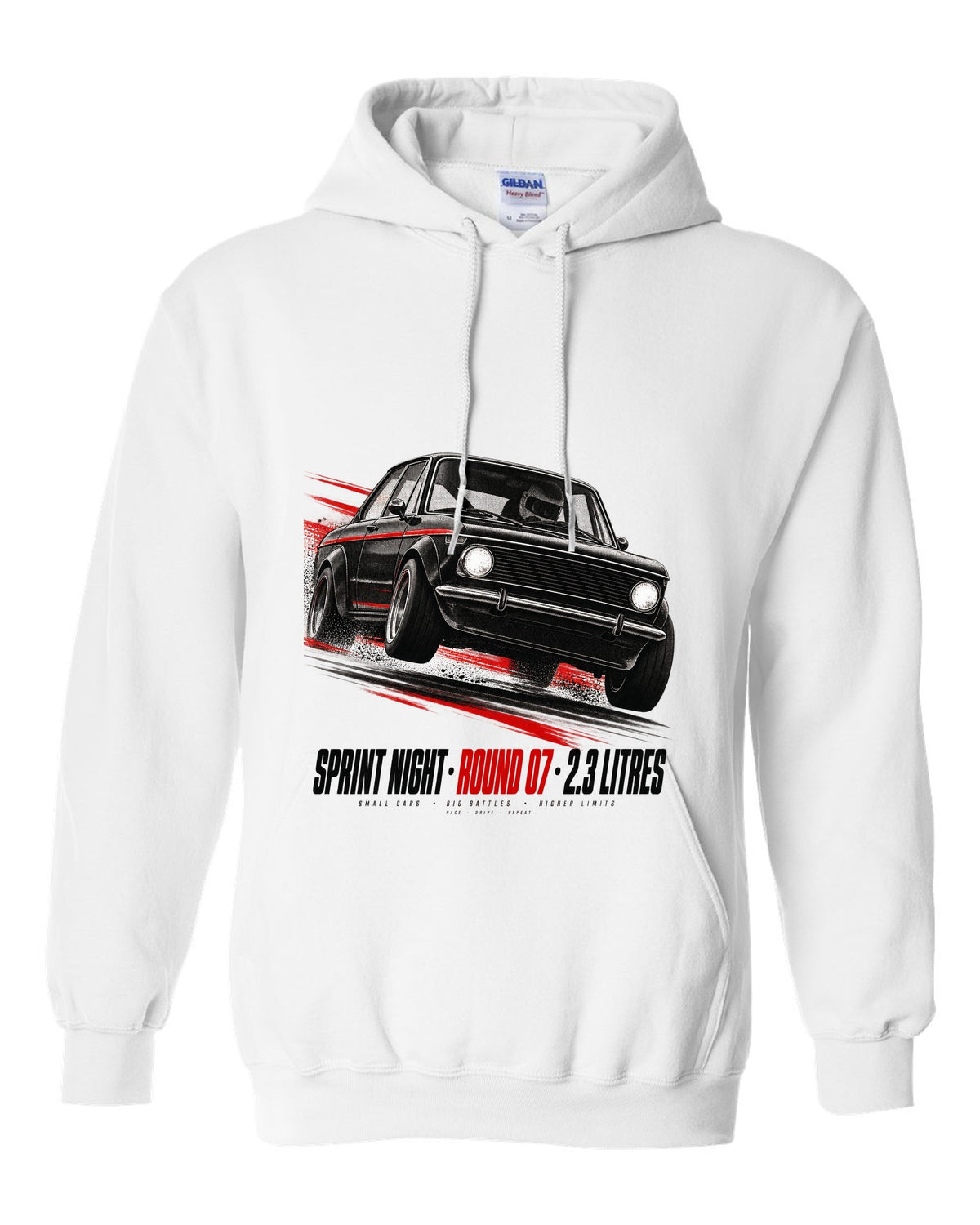 BMW E30 M3 race poster print titled Sprint Night Round 07 with 2.3 litres text white pull over hoodie front view with the design
