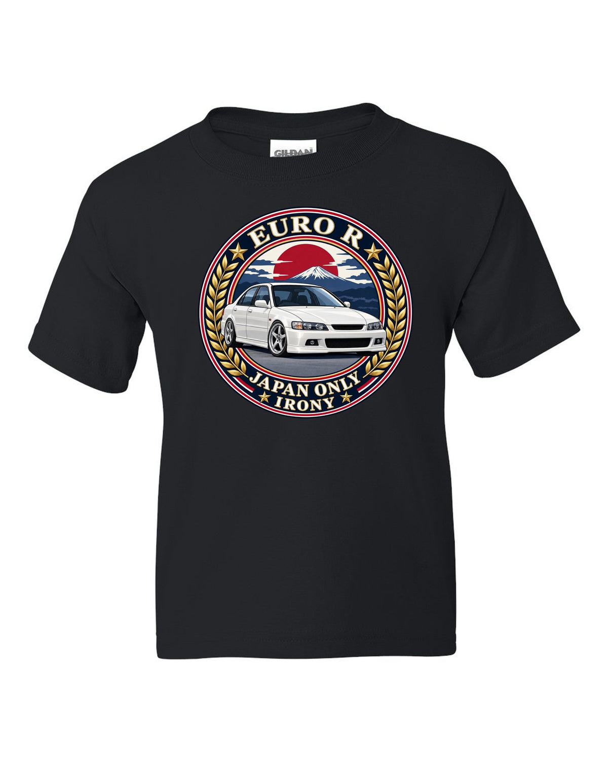Crest layout print for the Honda Accord Euro R CL1 with Japan Only text black kids tee front view with the design