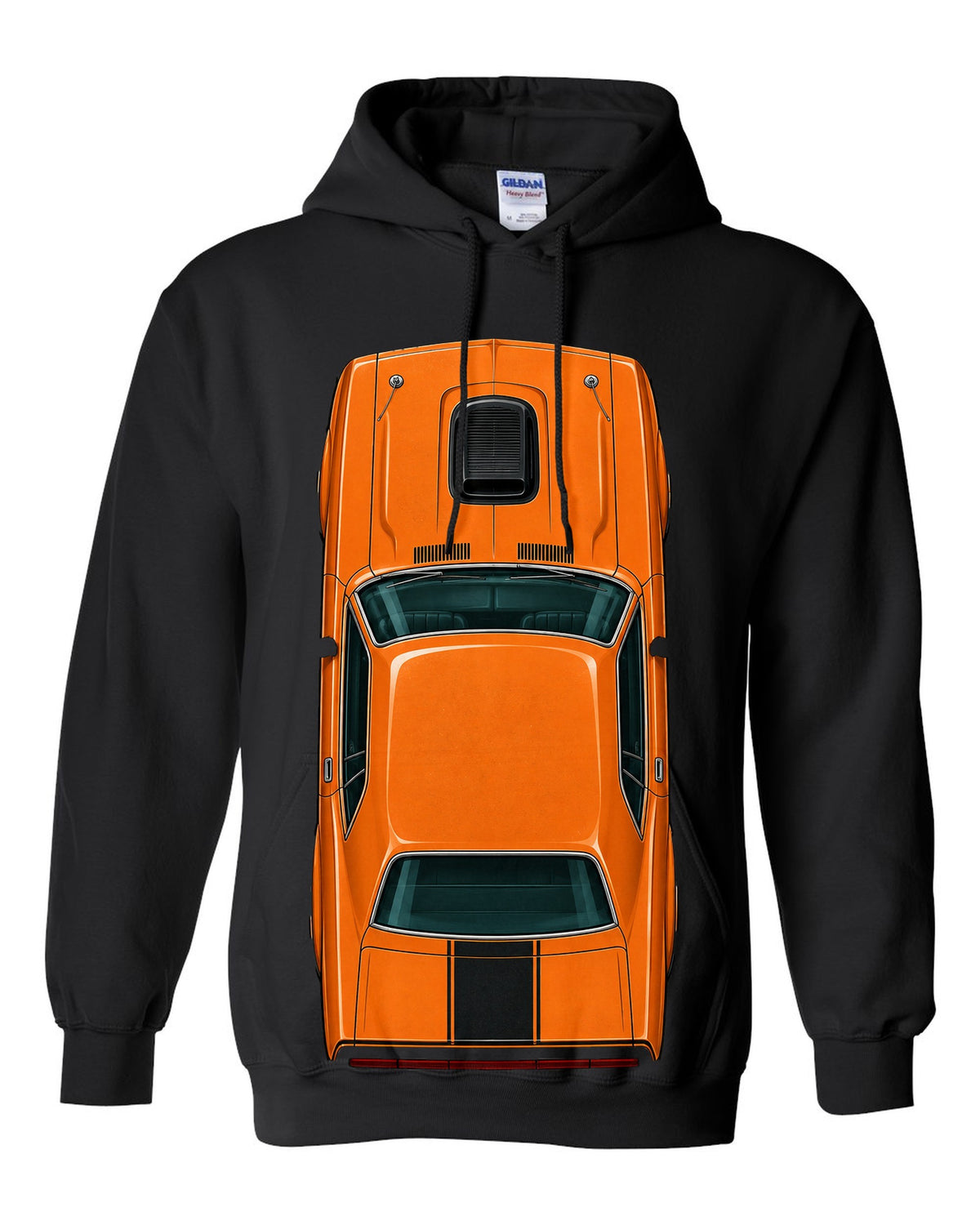 Overhead spec-sheet data plate illustration of a 1970 Dodge Challenger R/T in Go Mango black pull over hoodie front view with the design