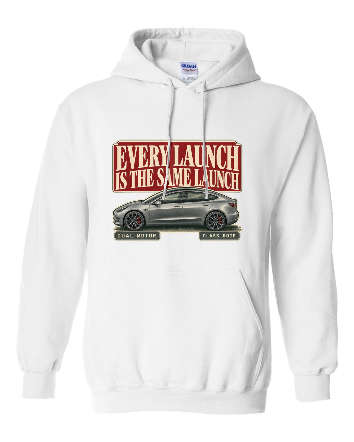 Tesla Model 3 Performance Editorial Headline Tee, 2018-2023 white pull over hoodie front view with the design