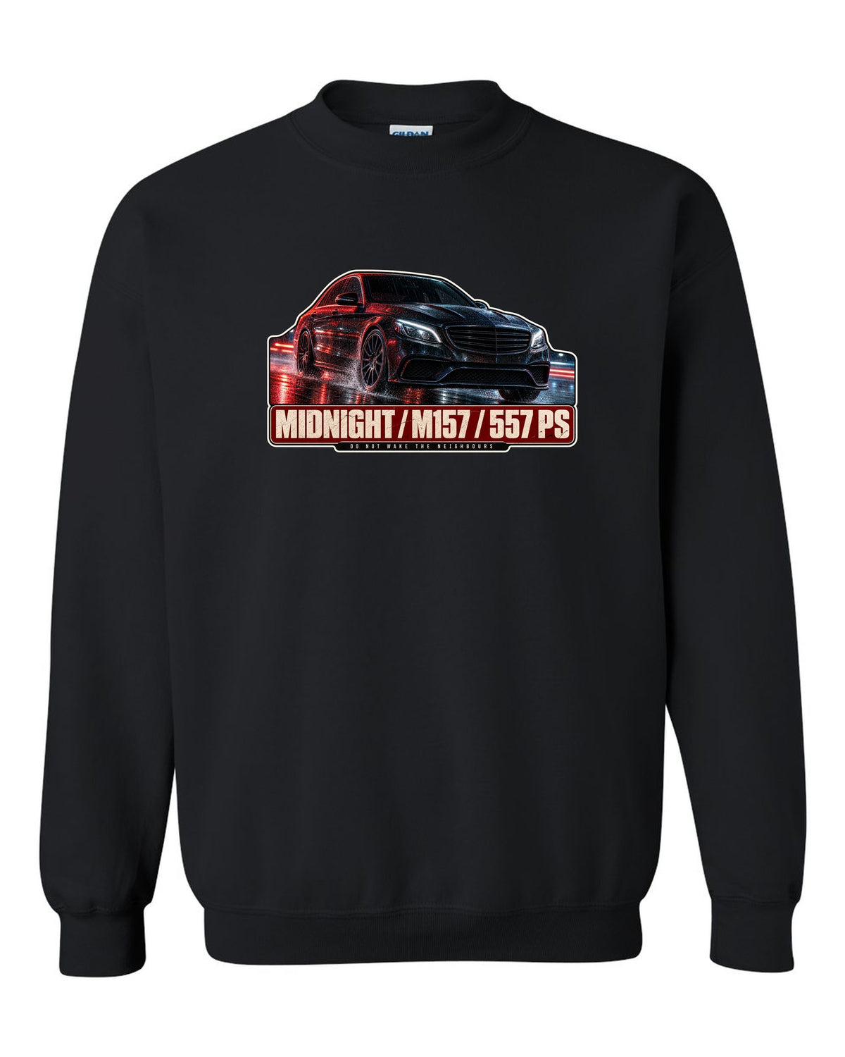 Night street print of a Mercedes-AMG E63 W212 facelift in blue and red light black crewneck front view with the design