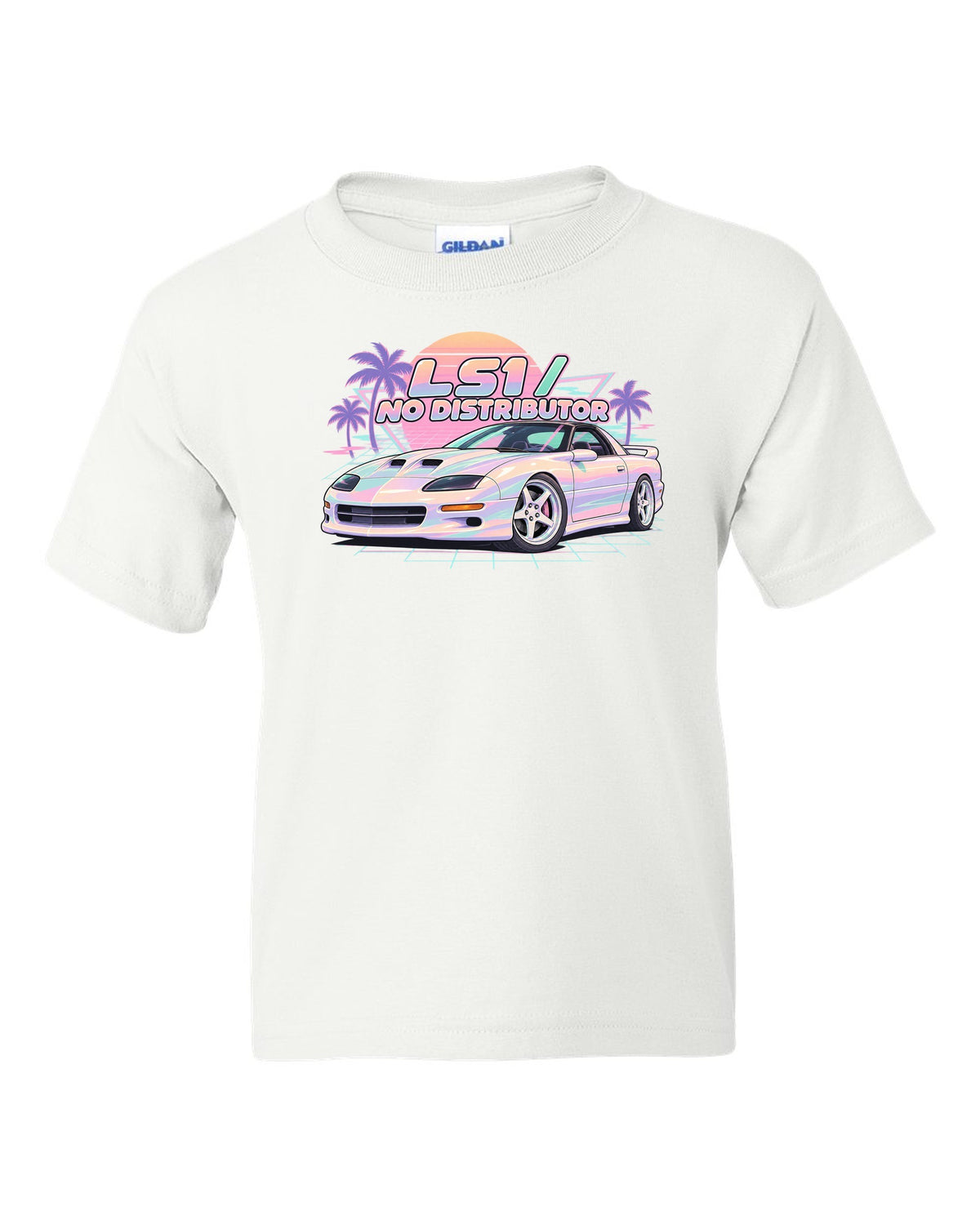 1998 Camaro SS fourth-generation on a pastel vaporwave grid with the text LS1 No Distributor white kids tee front view with the design