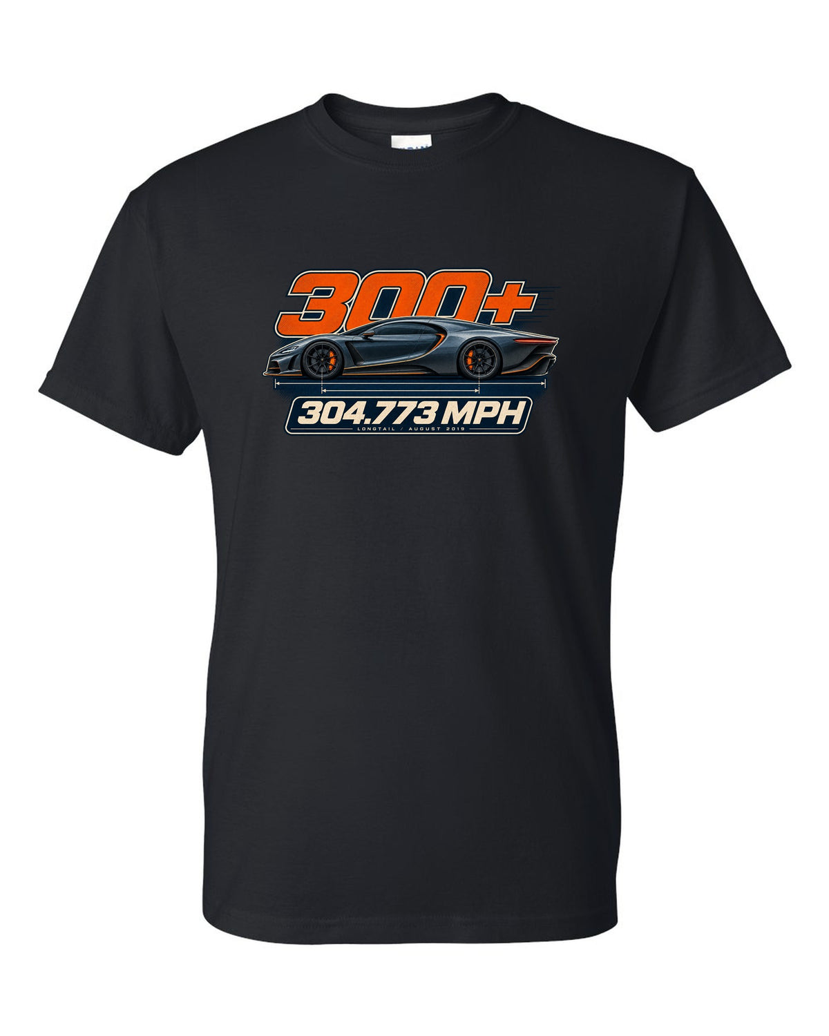 Spec poster of the Bugatti Chiron Super Sport 300+ with 304.773 mph text, print black t-shirt front view with the design