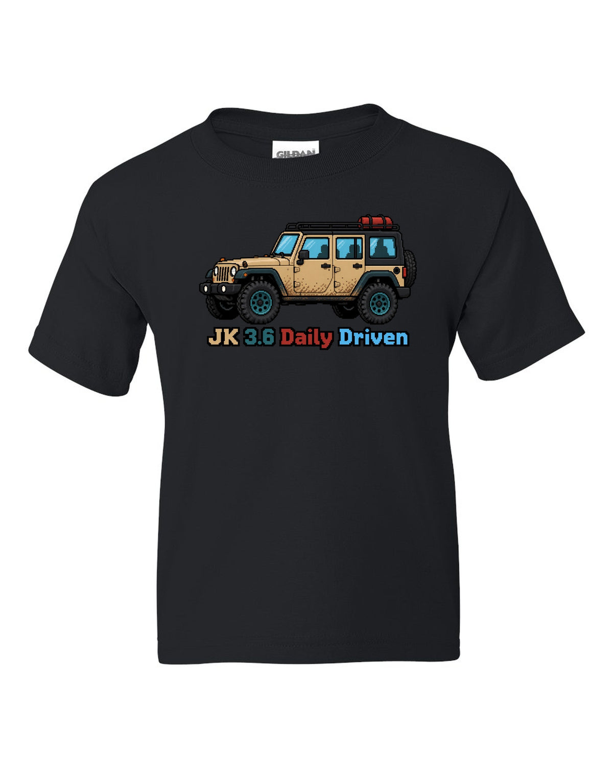 Jeep Wrangler JK 16-bit pixel art design with JK 3.6 daily driven text black kids tee front view with the design