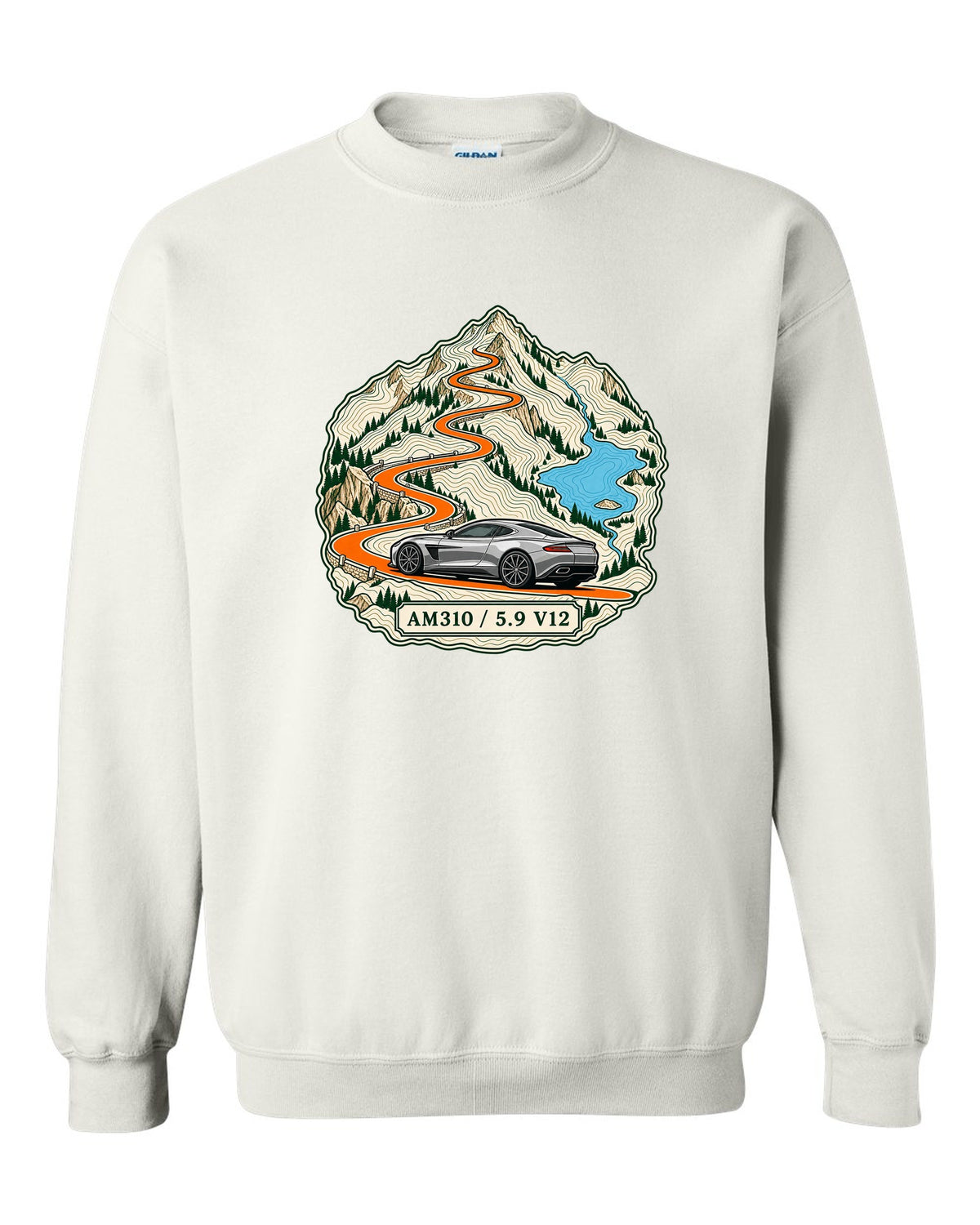 Topographic ridge route map print for the 2012 Aston Martin Vanquish AM310 with 5.9 V12 lettering white crewneck front view with the design