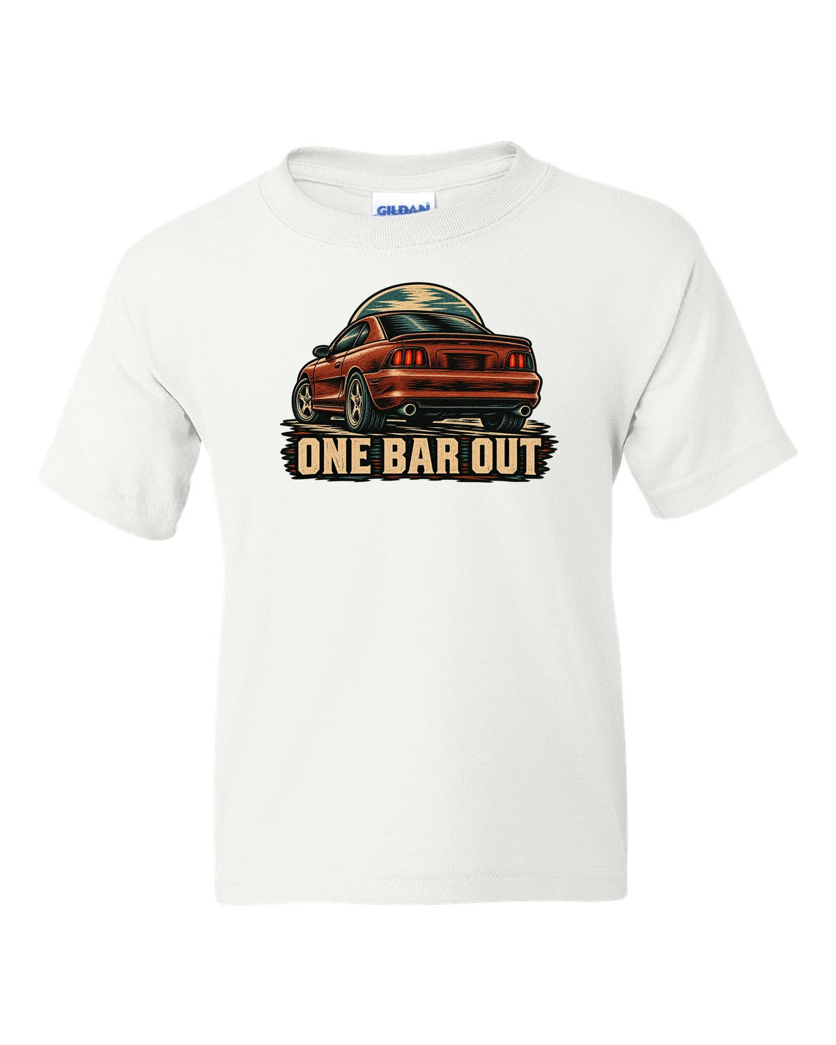 Linocut woodcut print of a 1994-98 SN95 Mustang coupe with One Bar Out text white kids tee front view with the design