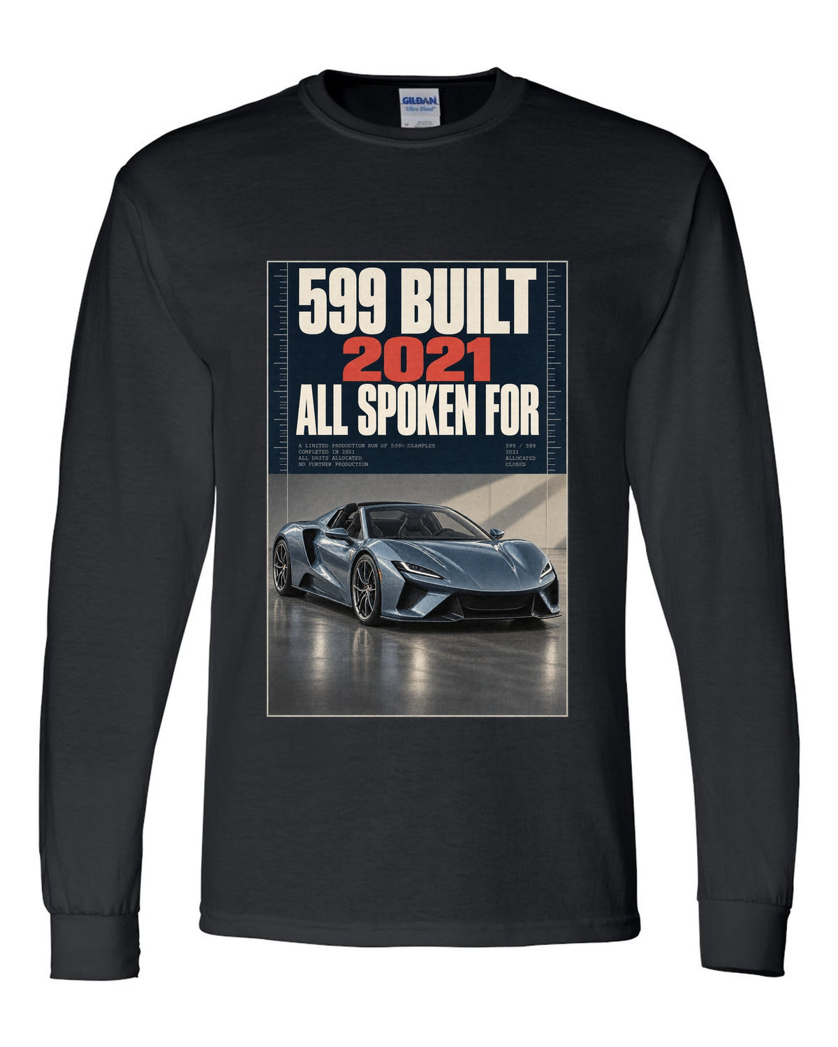 Halftone print of the Ferrari Daytona SP3 on a tee black long sleeve front view with the design