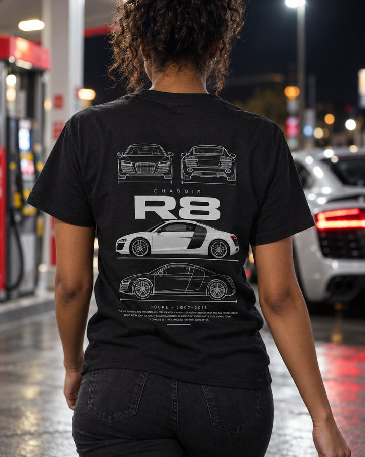 Audi R8 V8 first generation Blueprint Full-Back Graphic Tee, R8 Chassis Code T-Shirt Black worn hero