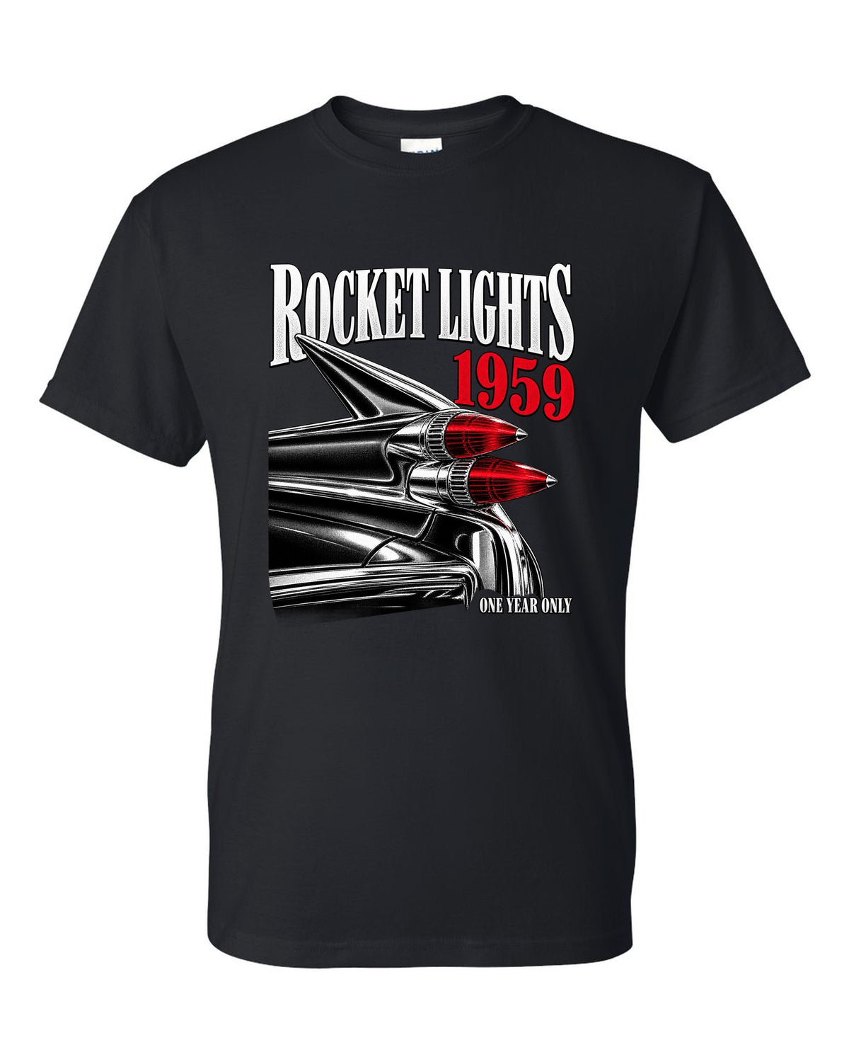 print macro of the rocket taillights on a 1959 Cadillac Series 62 Coupe de Ville black t-shirt front view with the design