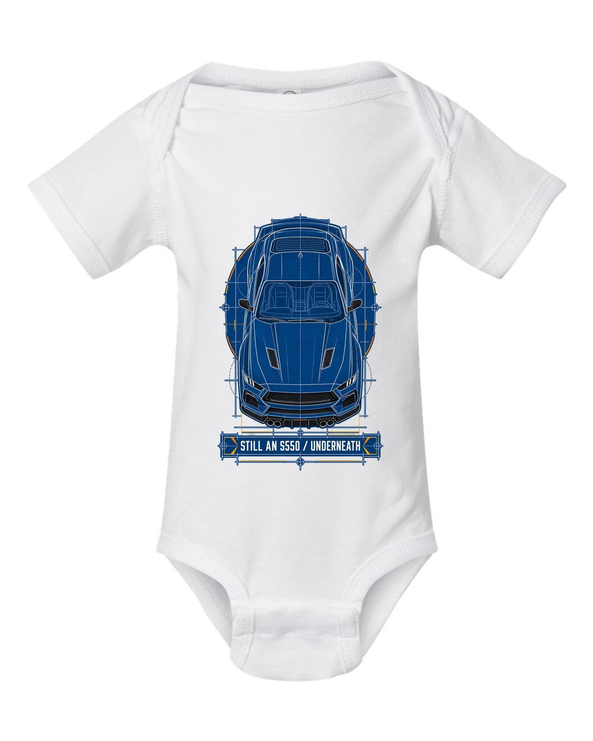 Cyanotype negative blueprint top view print of a 2024 S650 Mustang with Still An S550 Underneath white baby onesie front view with the design