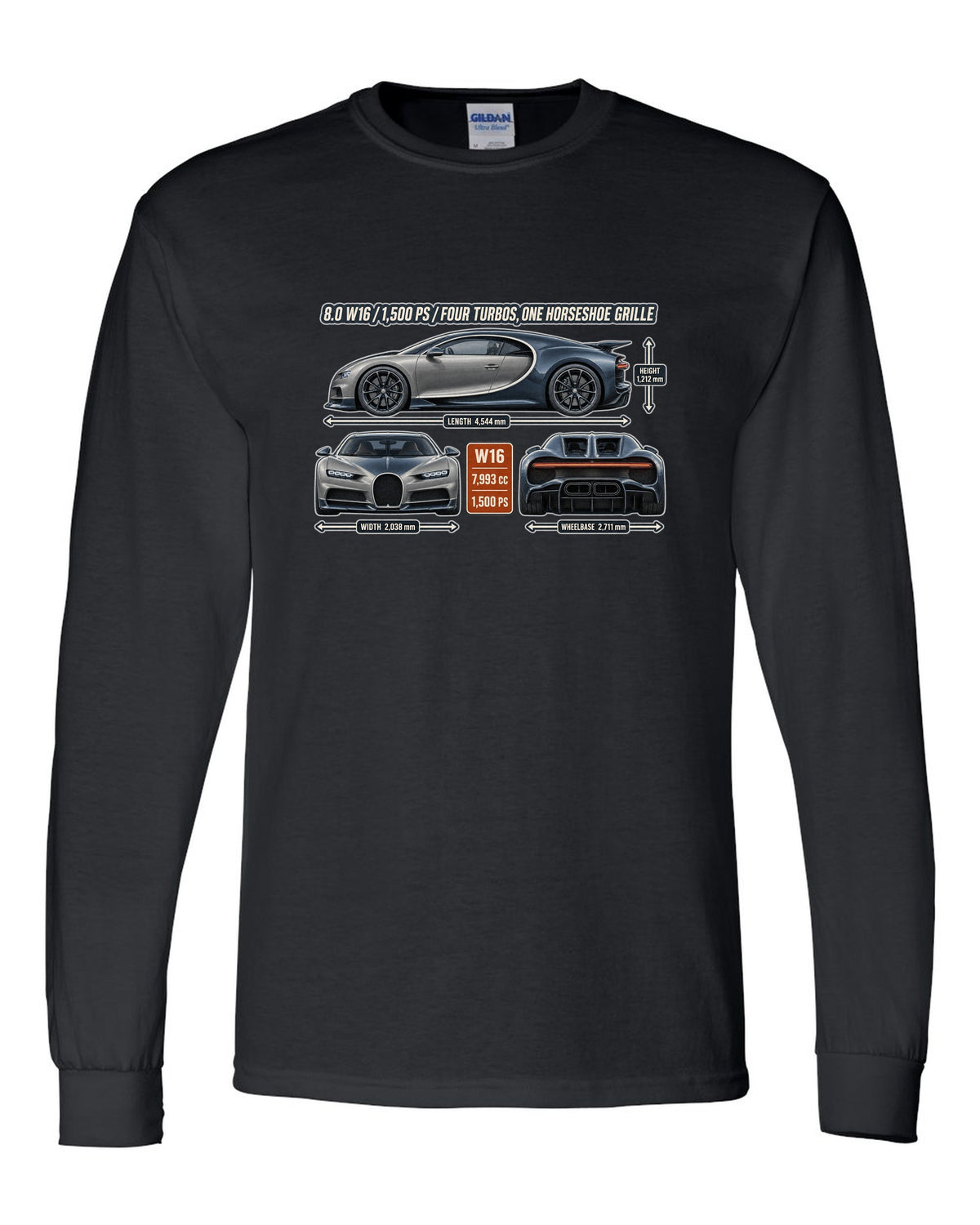 print three-view drawing with spec table of a Bugatti Chiron in slate blue black long sleeve front view with the design