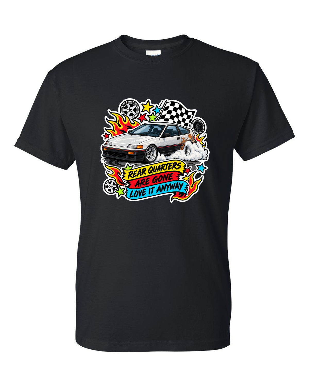 Sticker-bomb collage Honda CRX EF8 print with rusted rear quarters joke black t-shirt front view with the design