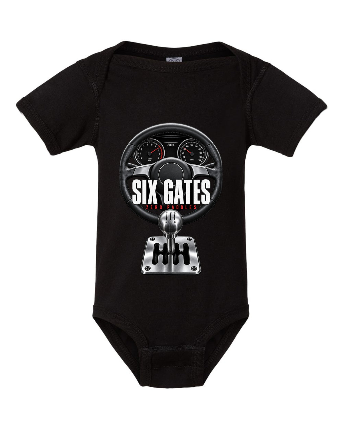 Cockpit print of a Lamborghini Gallardo with gated six-speed shifter and Six Gates text black baby onesie front view with the design