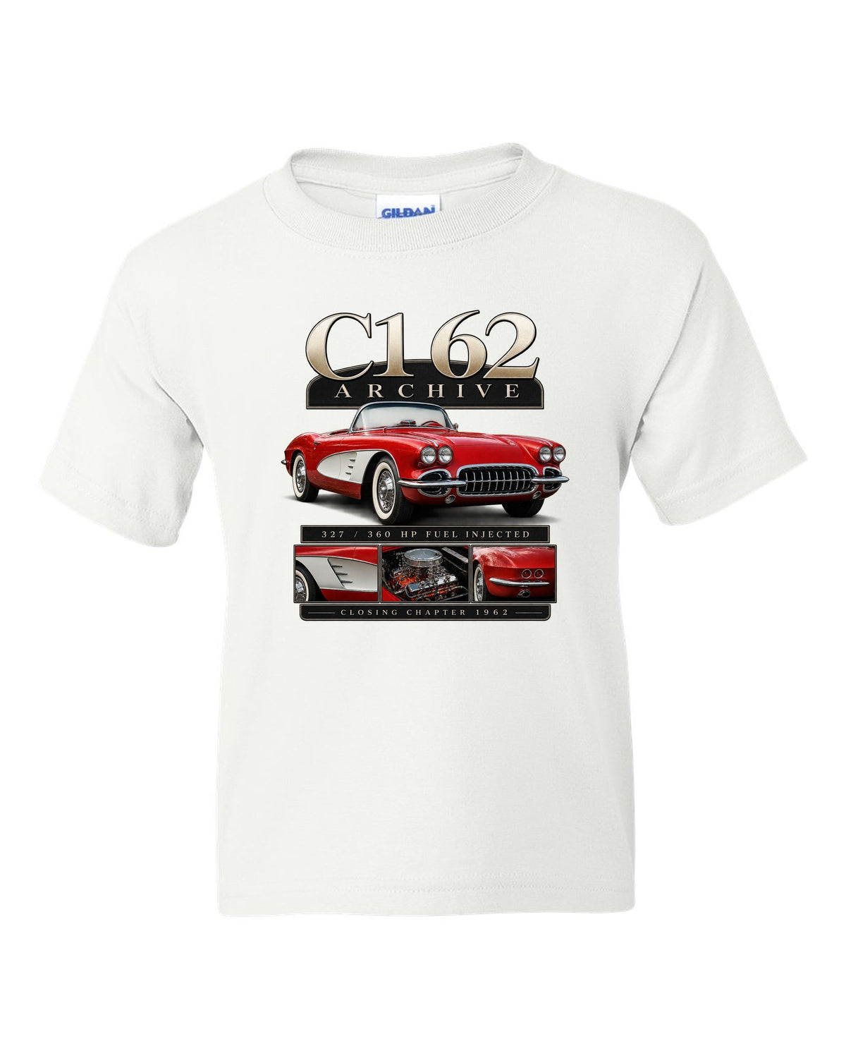 Corvette C1 1962 solid-axle roadster archive panel white kids tee front view with the design